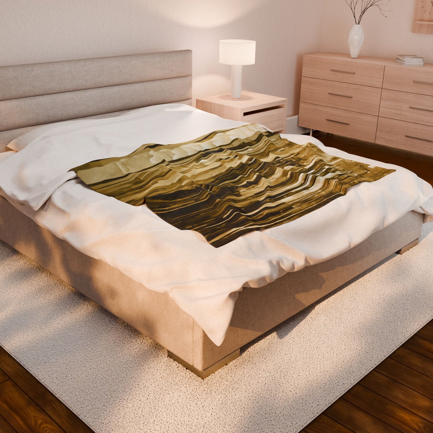 Striped Light Brown Velveteen Plush Blanket, 50" x 60"