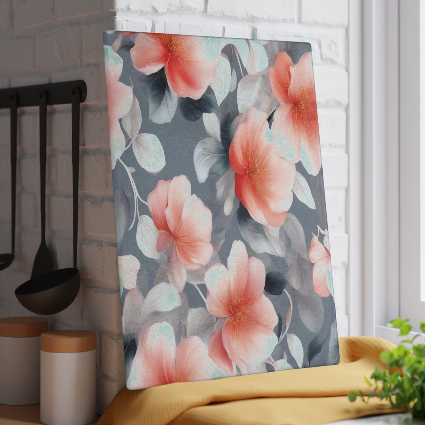 Red Blossom Floral Bunch Glass Cutting Board, 11" x 15"
