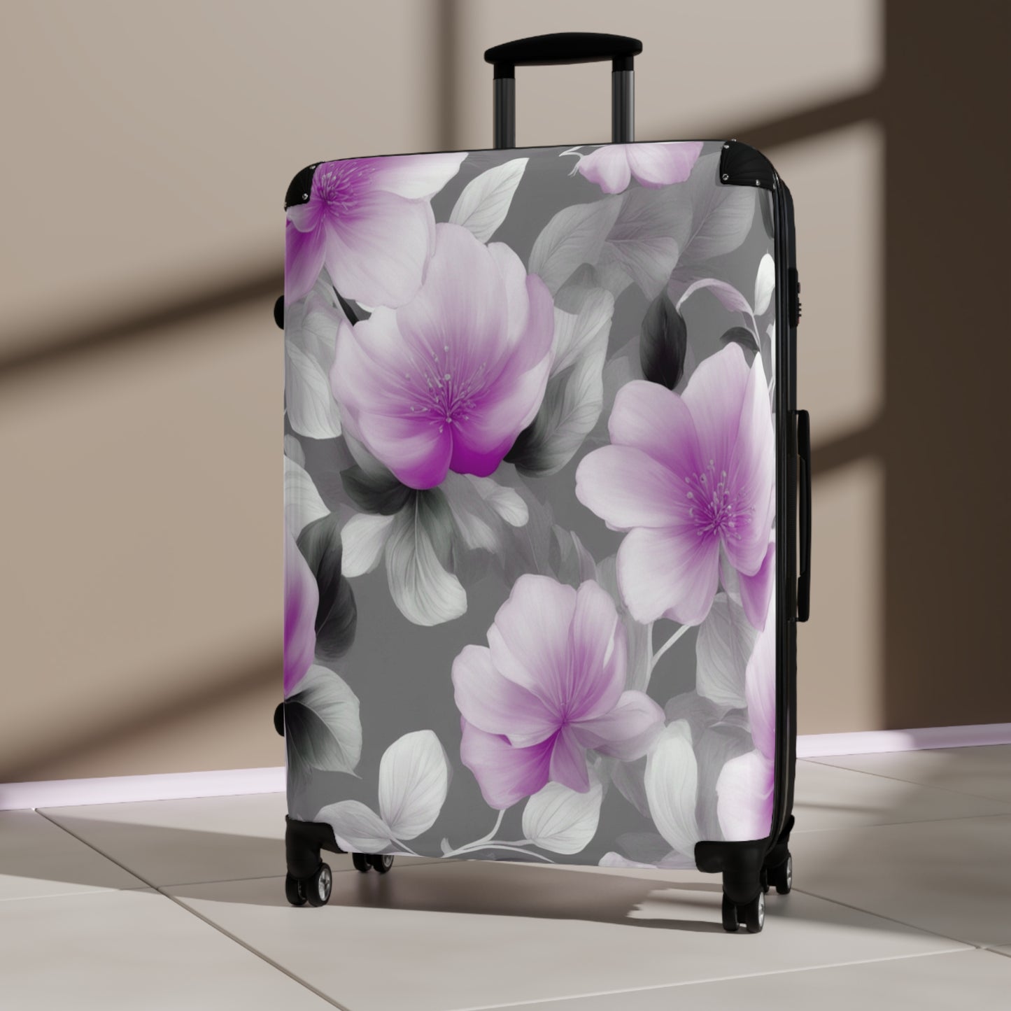 Purple Blossom Floral Bunch Large Suitcase with built in lock, 4 double-wheels, telescopic handle, and ABS back hard-shell