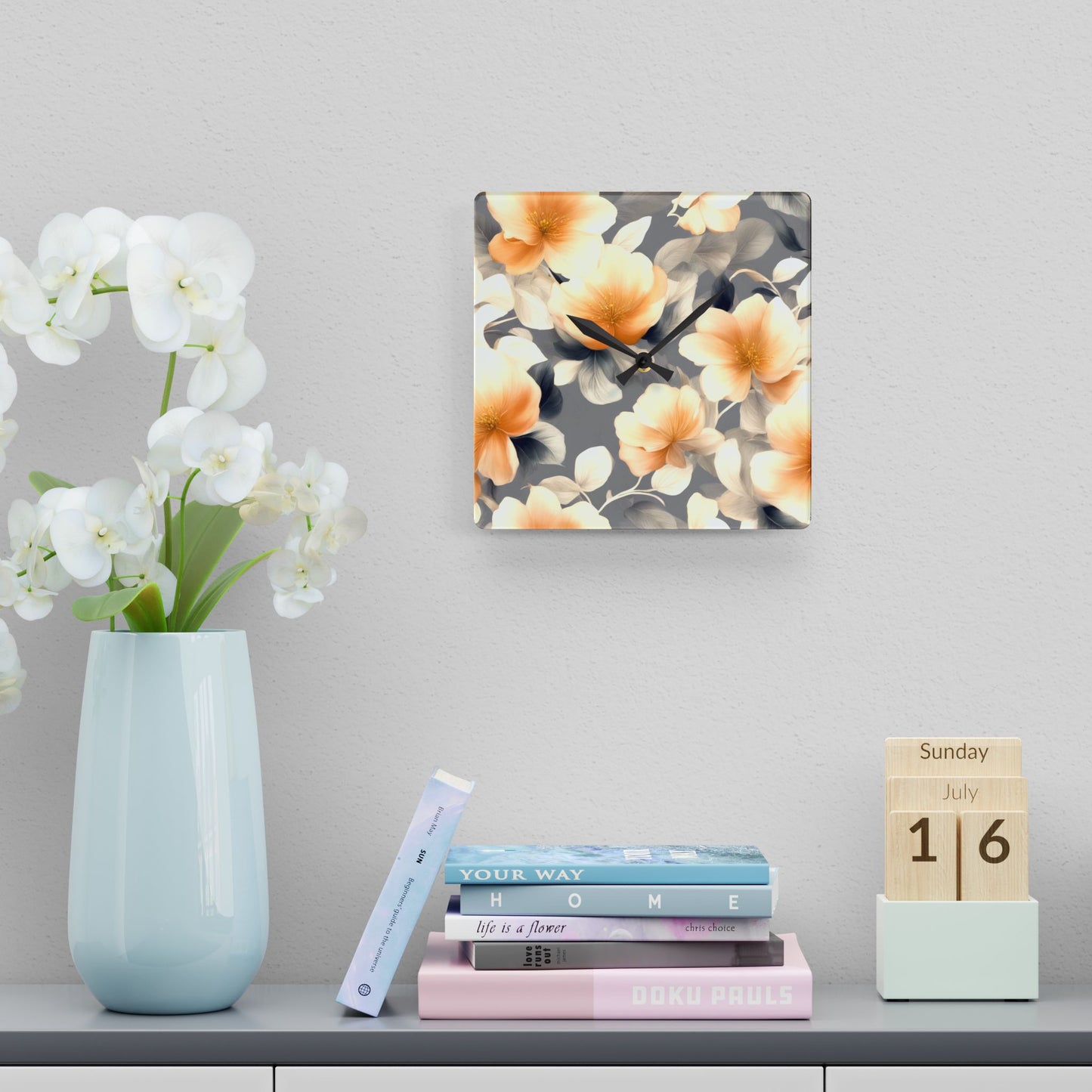 Soft Blossom Floral Bunch Acrylic Wall Clock, Round or Square, 10.75" x 10.75"