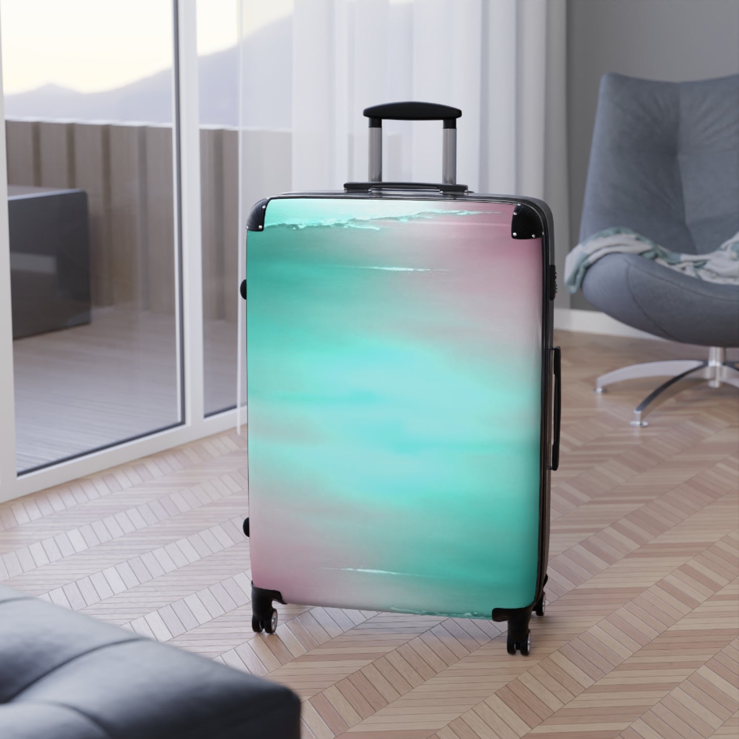 Green Sea Lavender Fog Large Suitcase with built in lock, 4 double-wheels, telescopic handle, and ABS back hard-shell