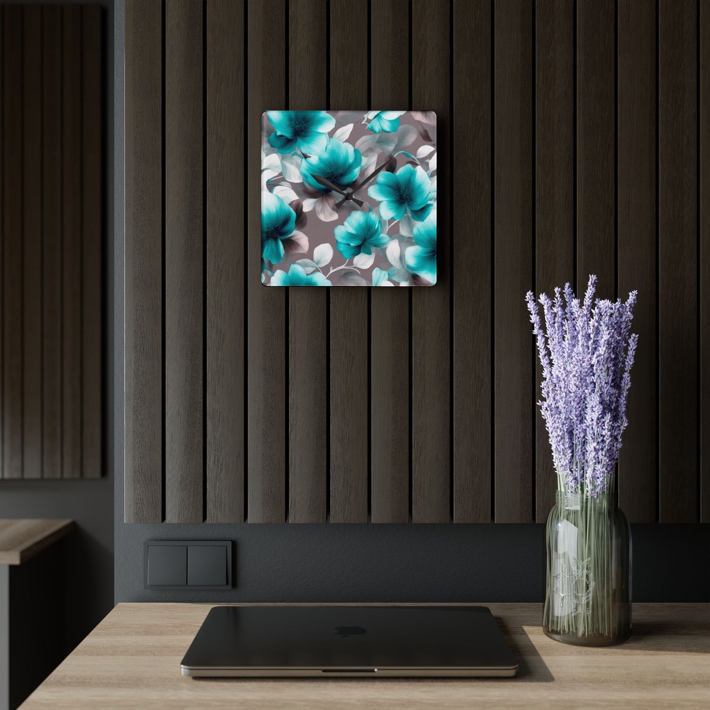 Tif Green Gray Floral Bunch Acrylic Wall Clock, Round or Square, 10.75" x 10.75"