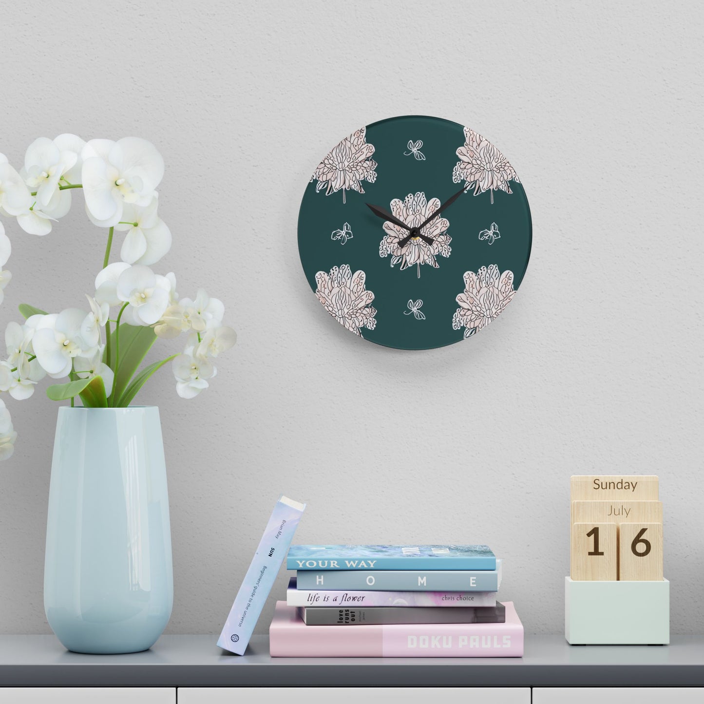Soft White Floral Butterflies Acrylic Wall Clock, Round or Square, 10.75" x 10.75"