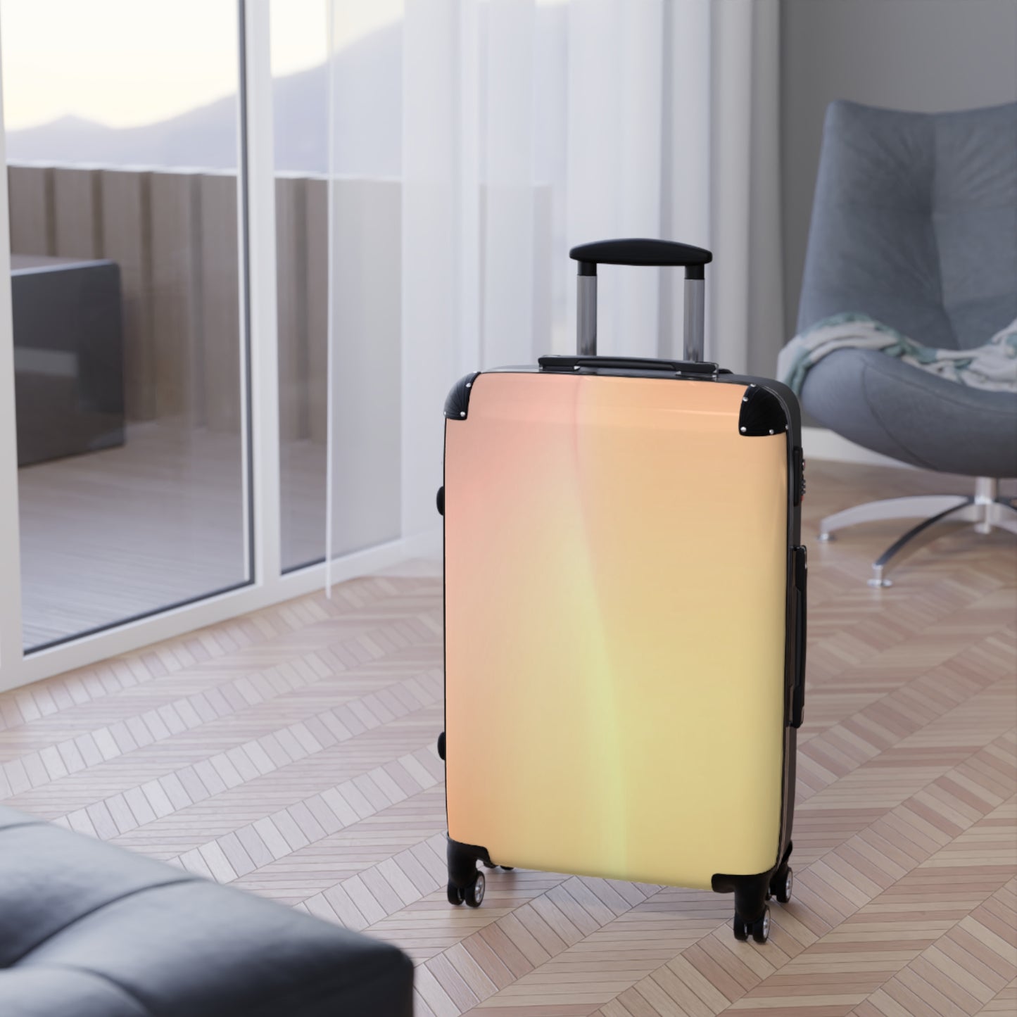 Hot Peach Fade Medium Suitcase with built in lock, 4 double-wheels, telescopic handle, and ABS back hard-shell