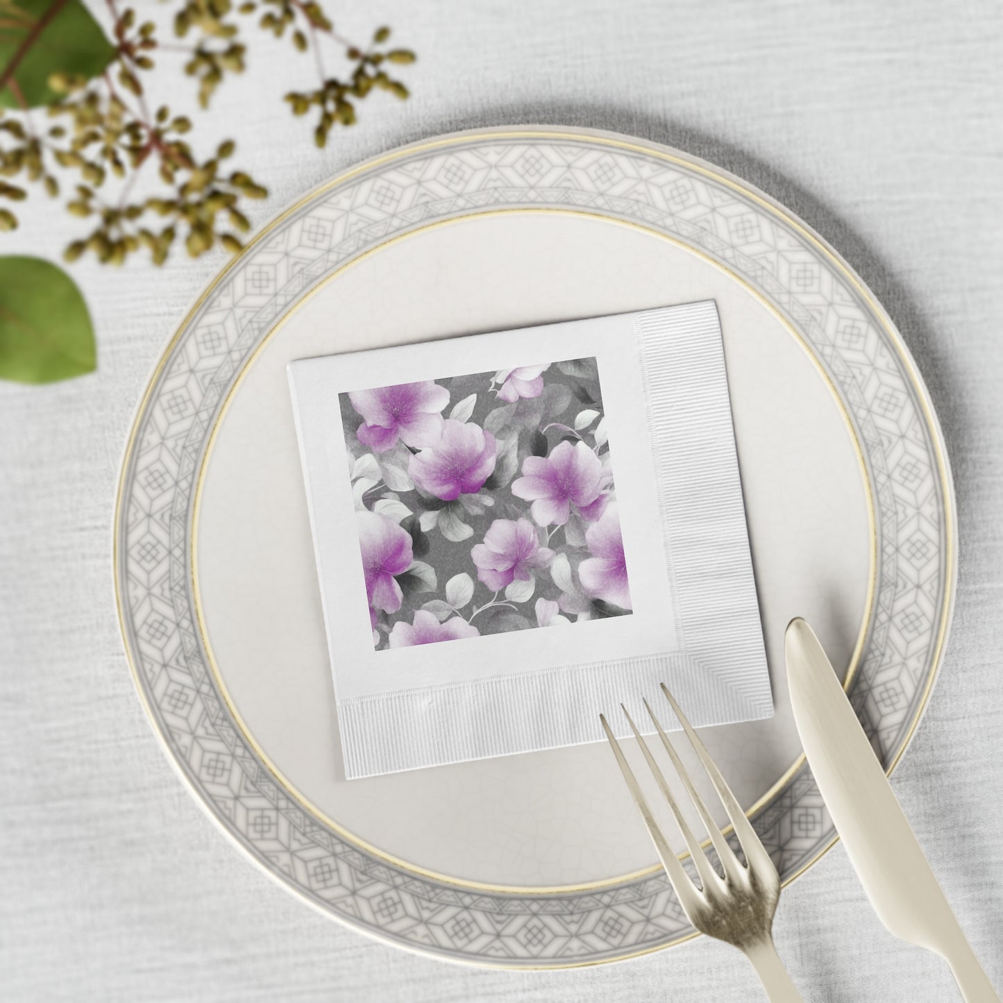 Purple Blossom Floral Bunch White Coined Napkins, 4.8" x 4.8"