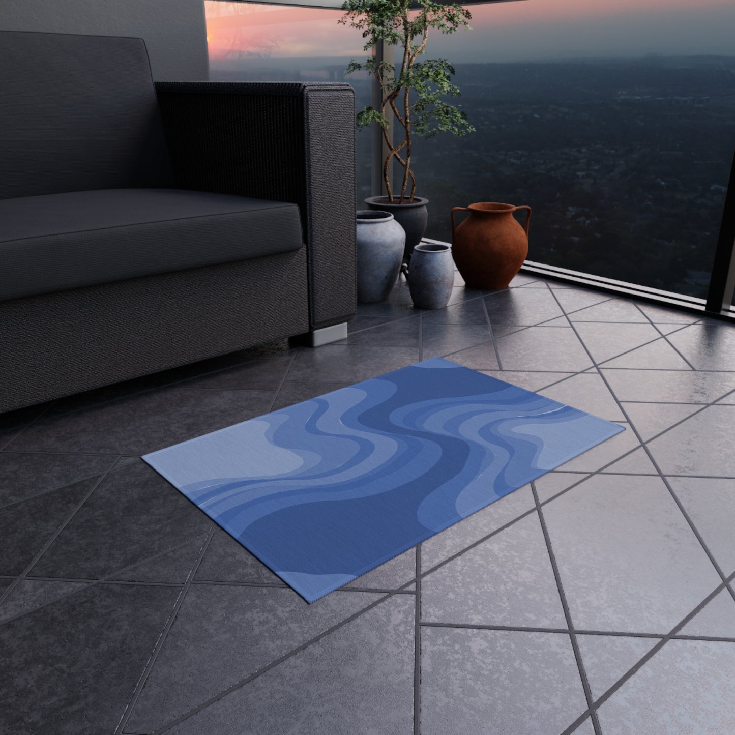 Deep Blue Wavey 24" x 36" Outdoor Rug