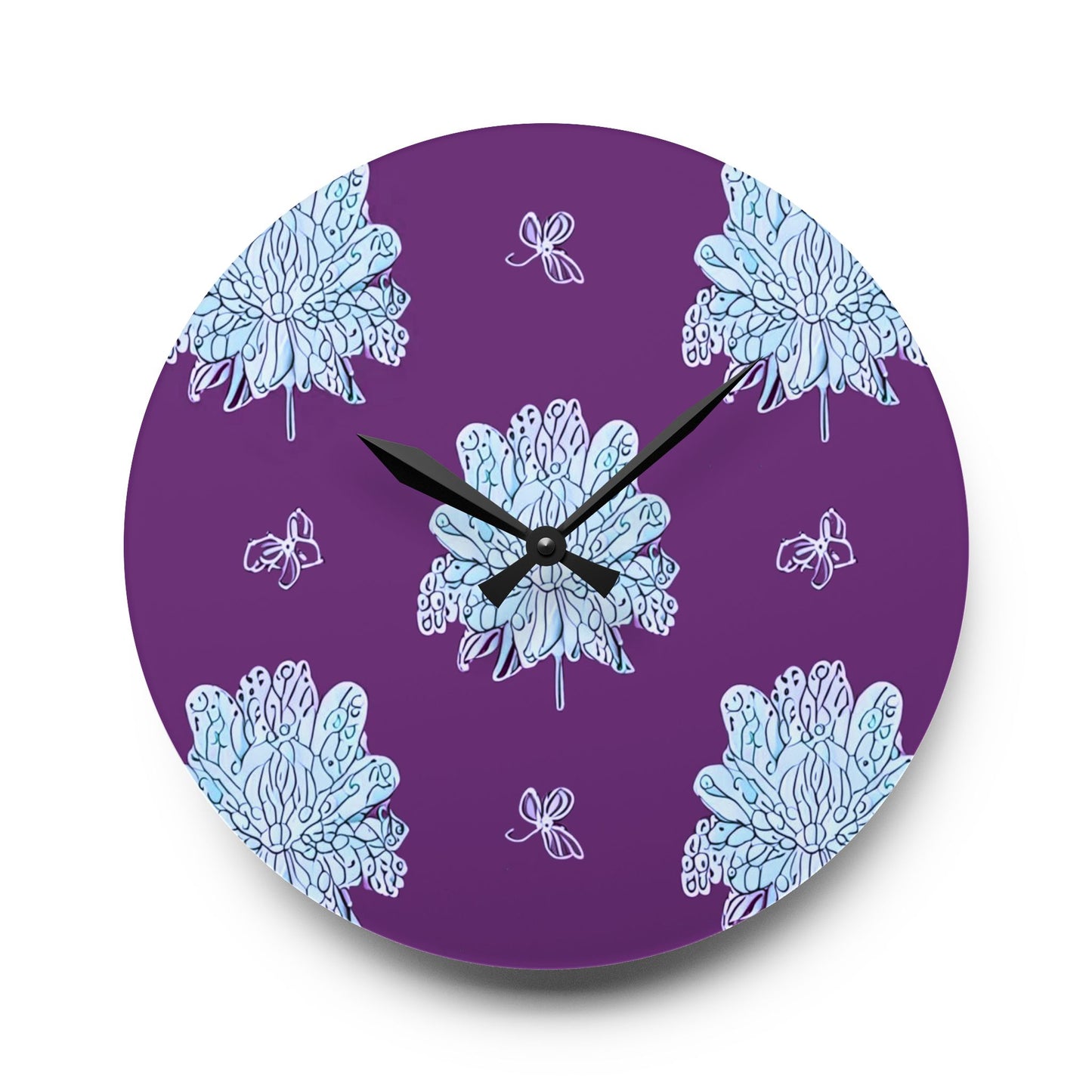 Blue Floral Butterflies Acrylic Wall Clock, Round or Square, 10.75" x 10.75"
