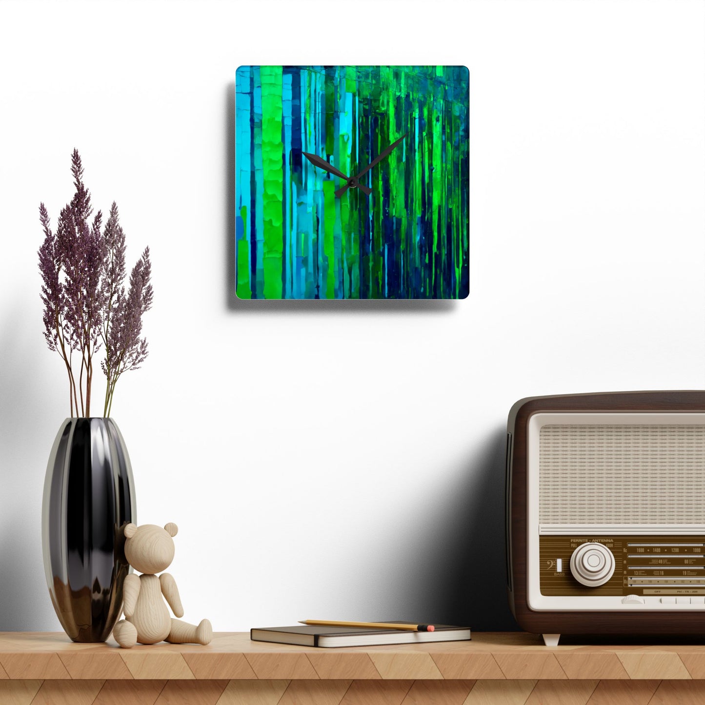 Striped Blue Green Acrylic Wall Clock, Round or Square, 10.75" x 10.75"