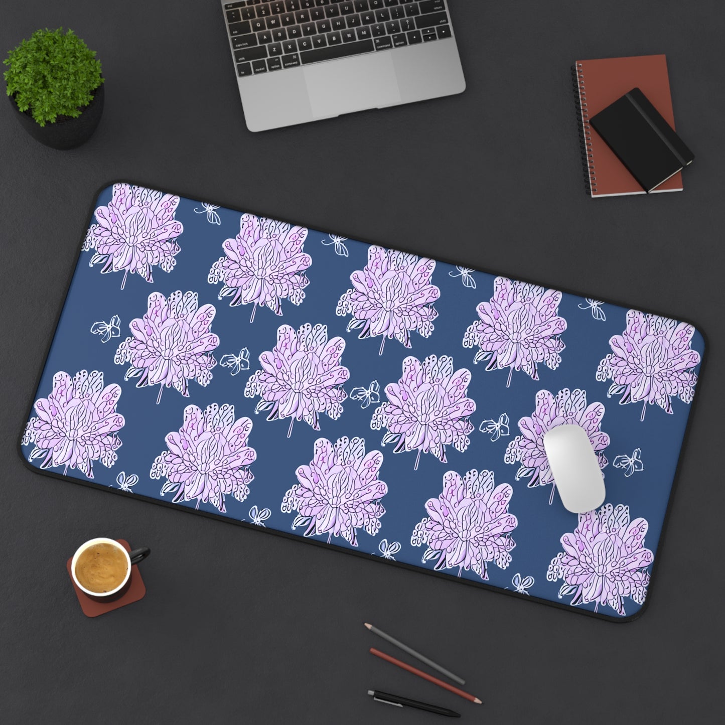 Purple White Floral Butterflies 16" x 32" Desk Mat