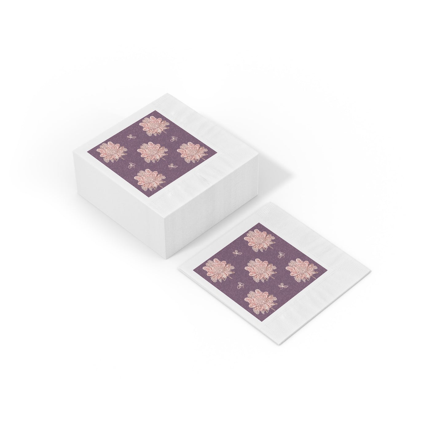 Pink Floral Butterflies White Coined Napkins, 6.5" x 6.5"