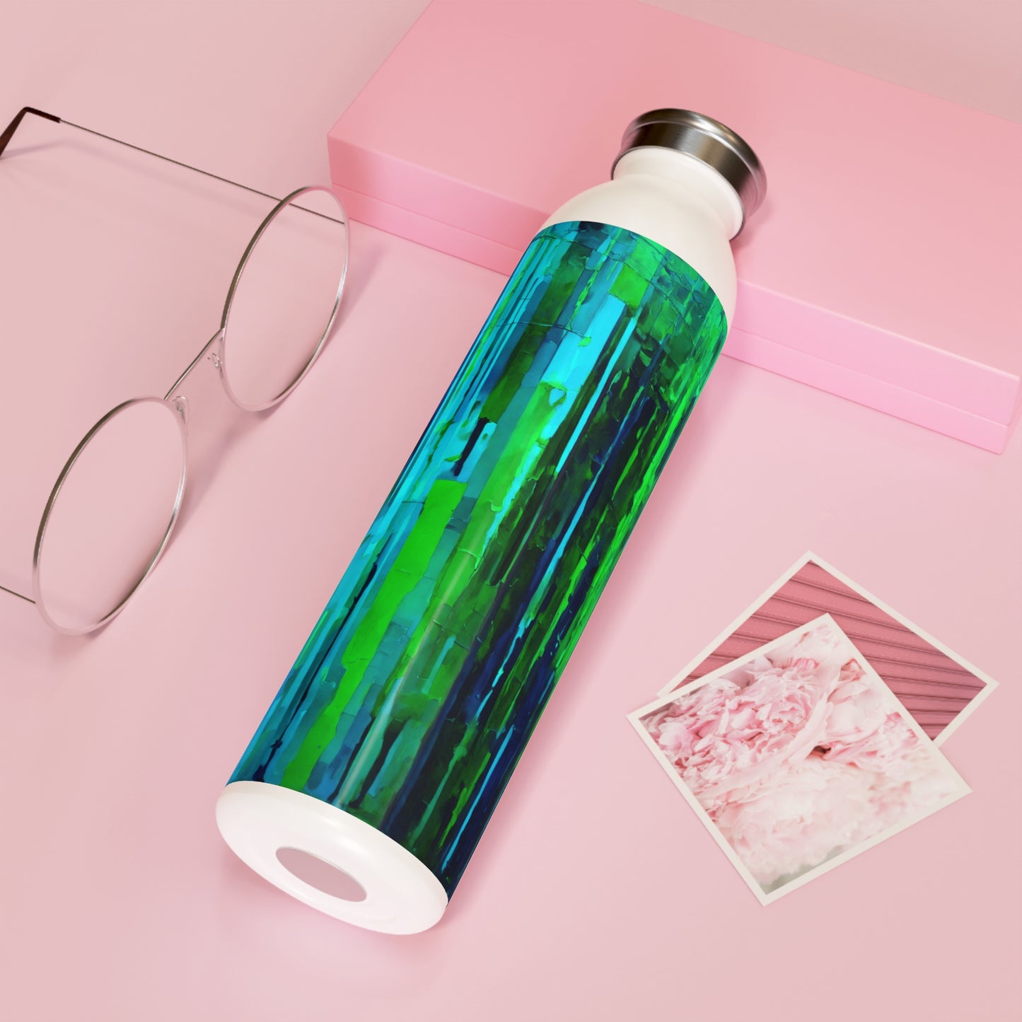 Striped Blue Green Slim Water Bottle, 20 oz White