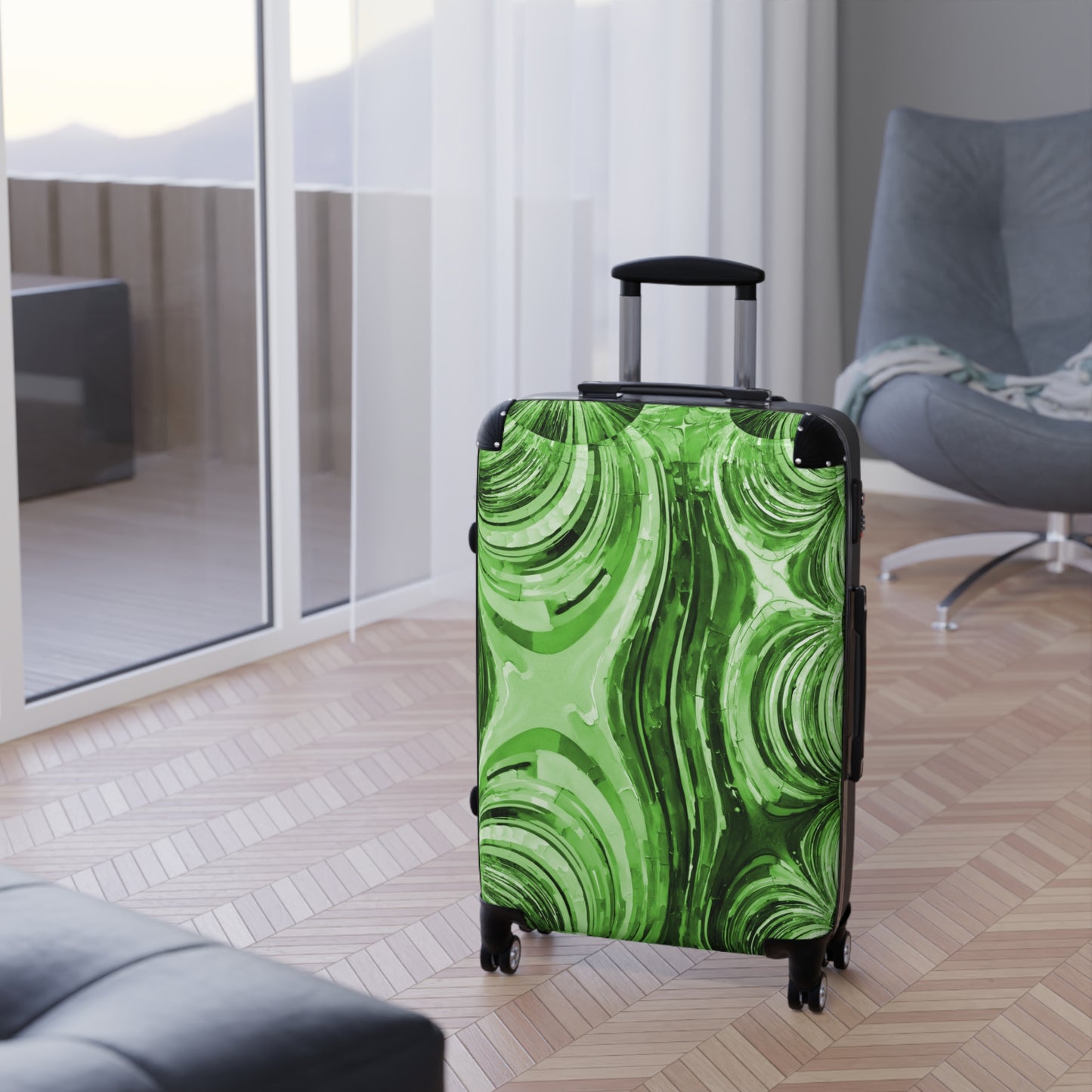 Uzi Spiral Mint Pastel Medium Suitcase with built in lock, 4 double-wheels, telescopic handle, and ABS back hard-shell