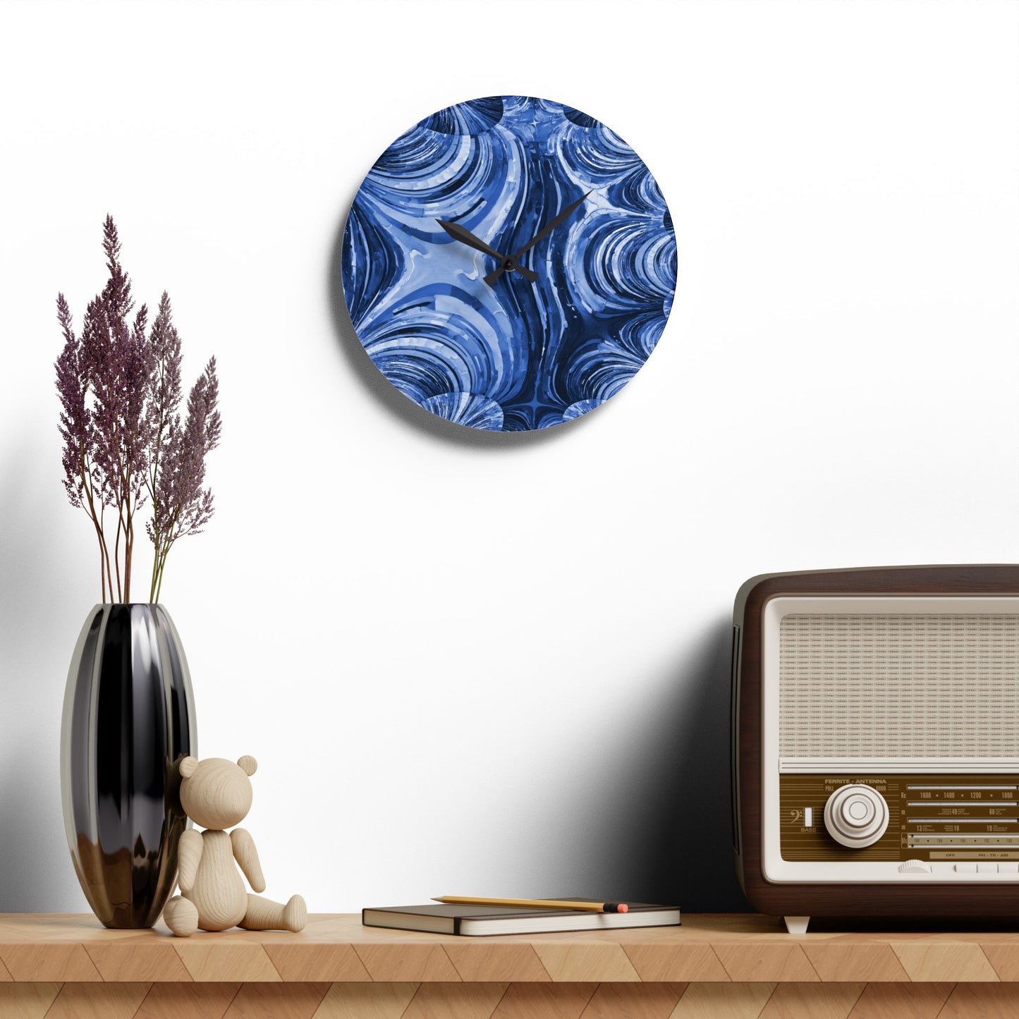 Uzi Spiral Deep Blue Acrylic Wall Clock, Round or Square, 10.75" x 10.75"
