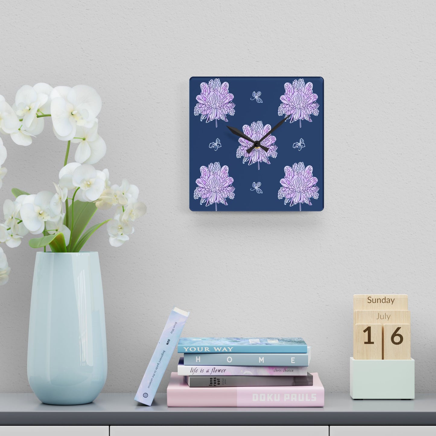 Purple White Floral Butterflies Acrylic Wall Clock, Round or Square, 10.75" x 10.75"