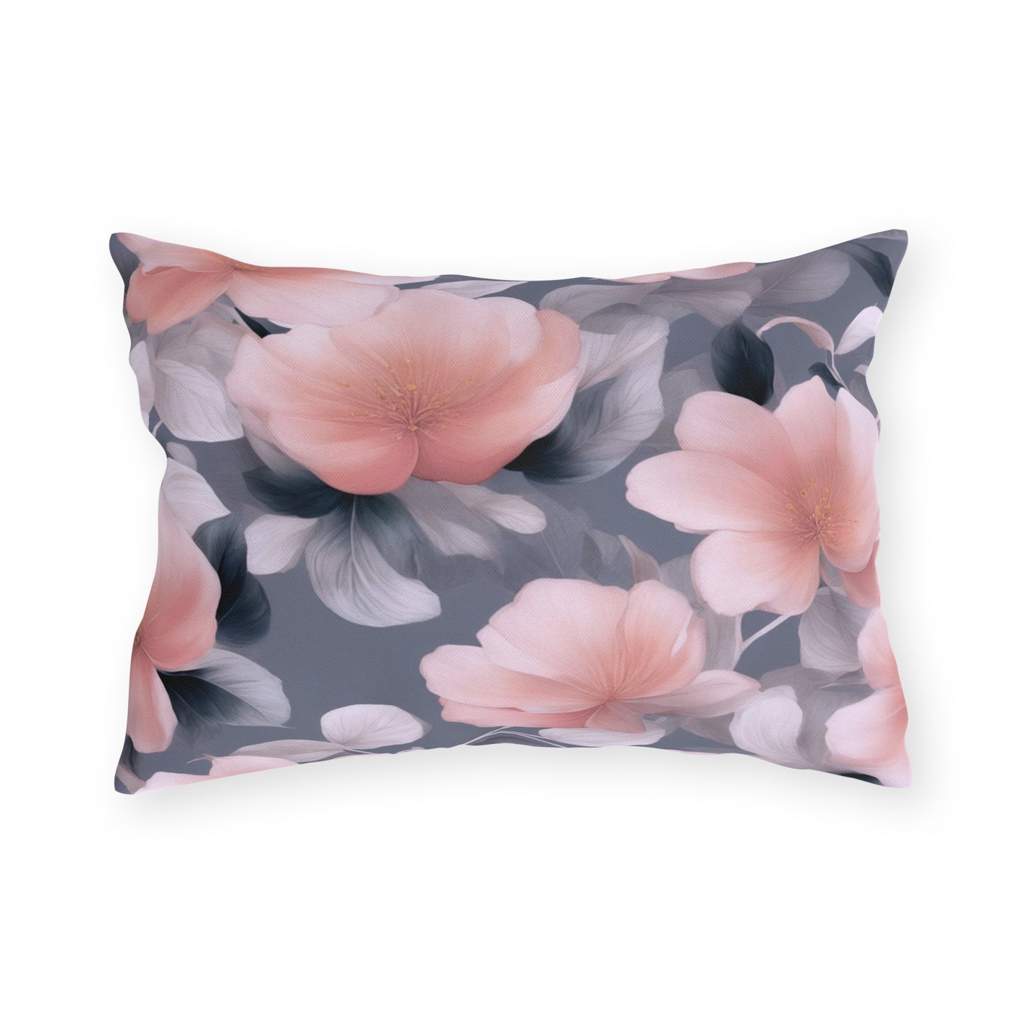 Peach and Blue Gray Floral Bunch Outdoor Pillow, 20" x 14"