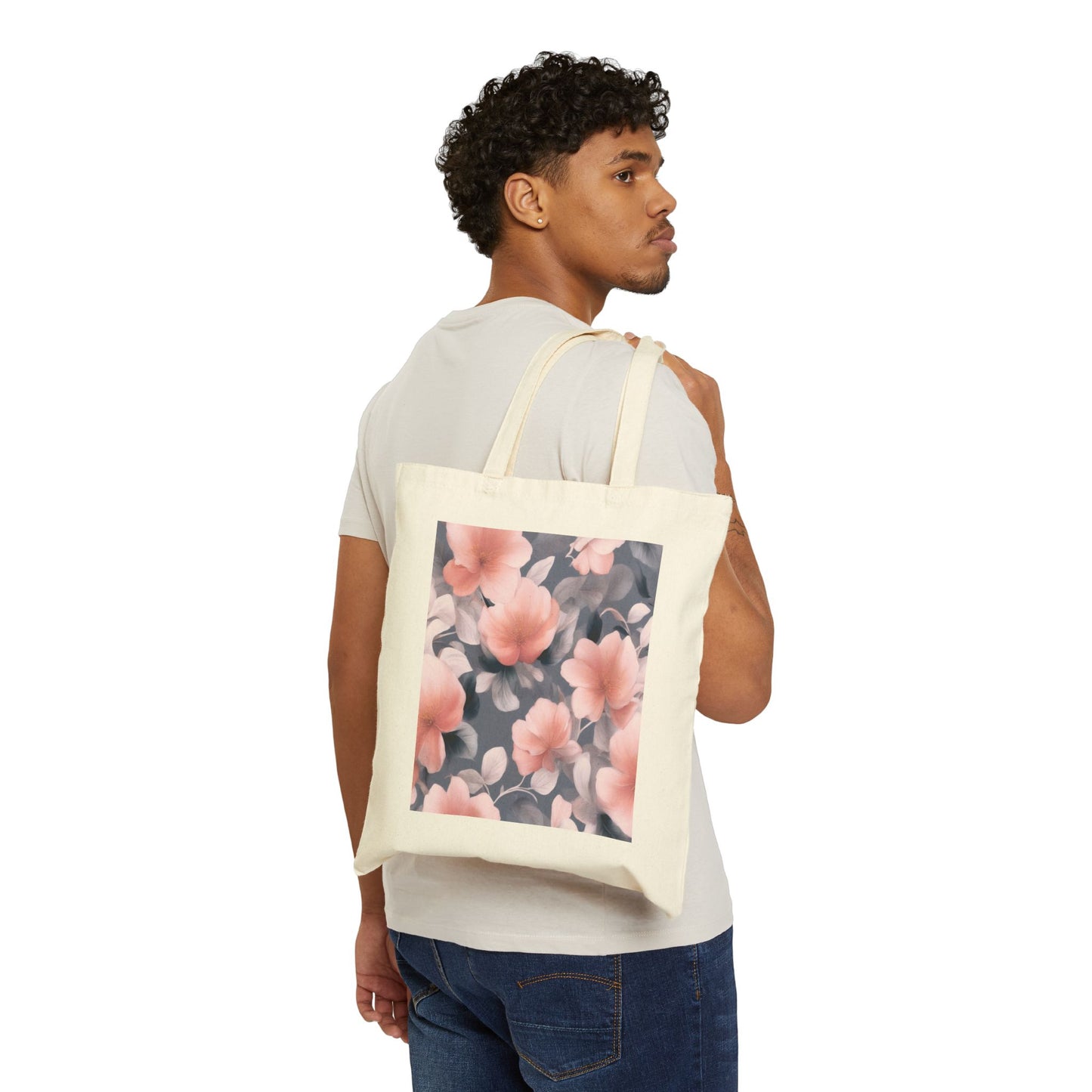 Peach and Blue Gray Floral Bunch Cotton Canvas Tote Bag