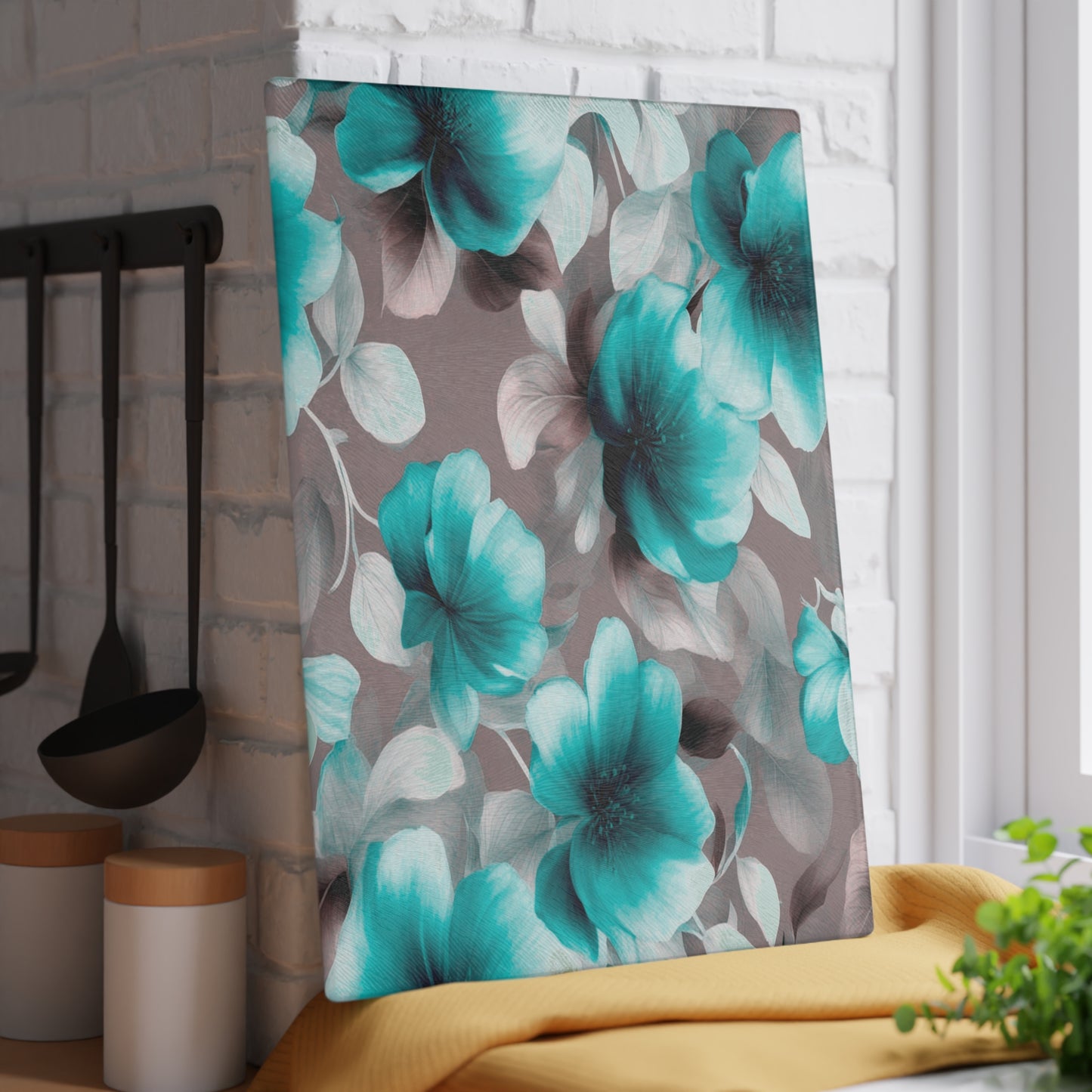 Tif Green Gray Floral Bunch Glass Cutting Board, 11" x 15"