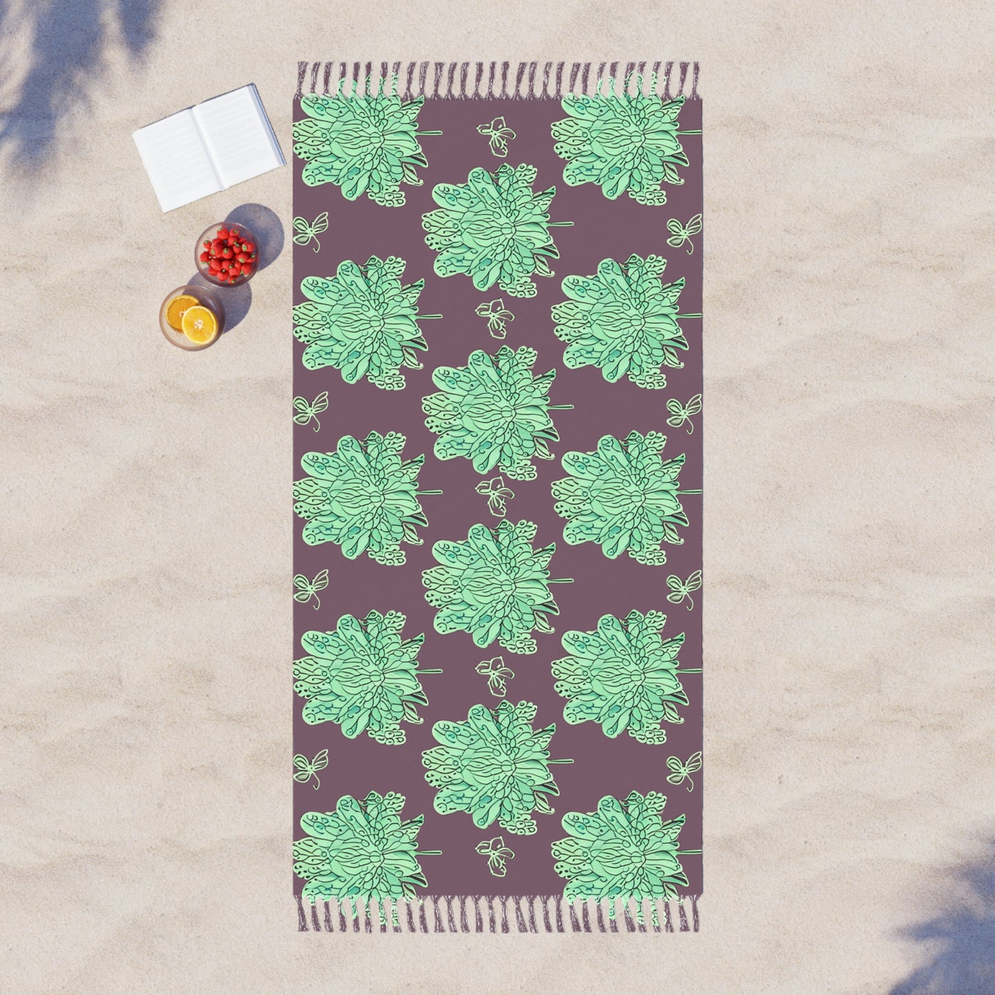 Mint Green Floral Butterflies 38" × 81" Boho Beach Cloth