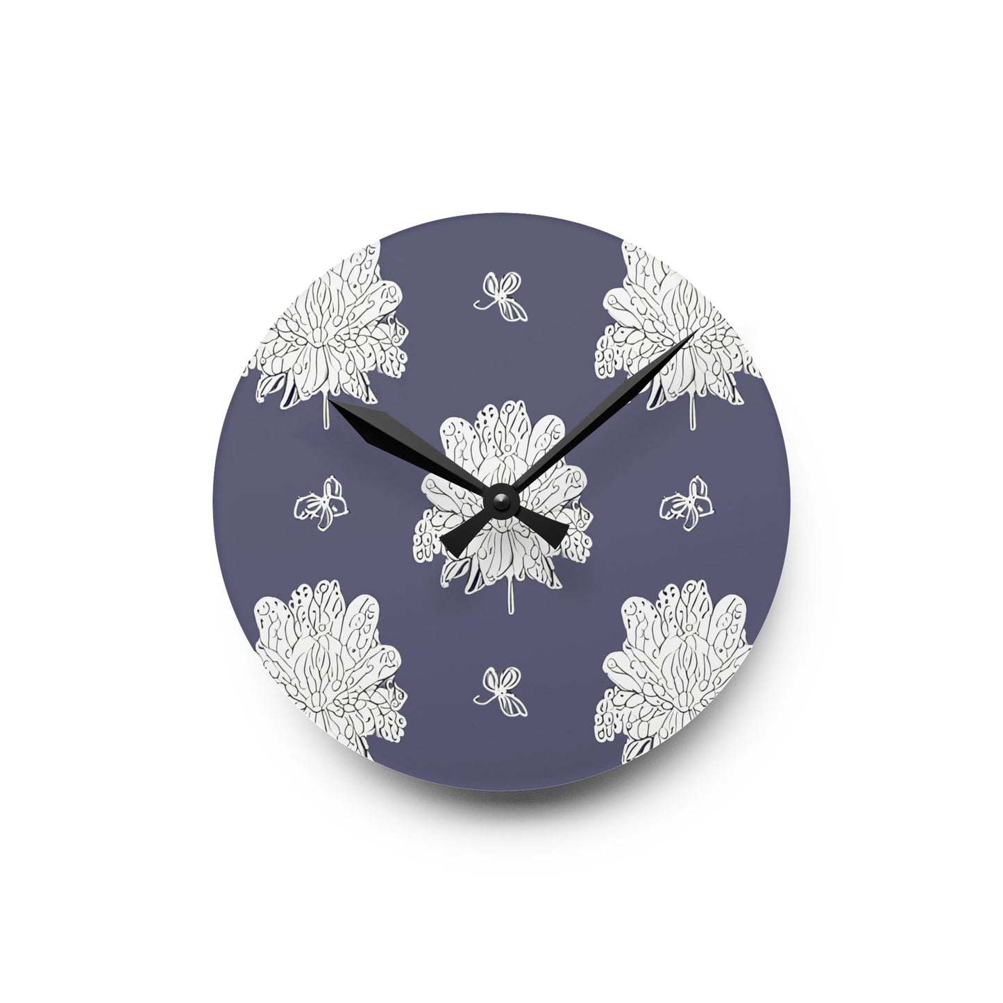 White Floral Butterflies Acrylic Round Wall Clock, 8" x 8"