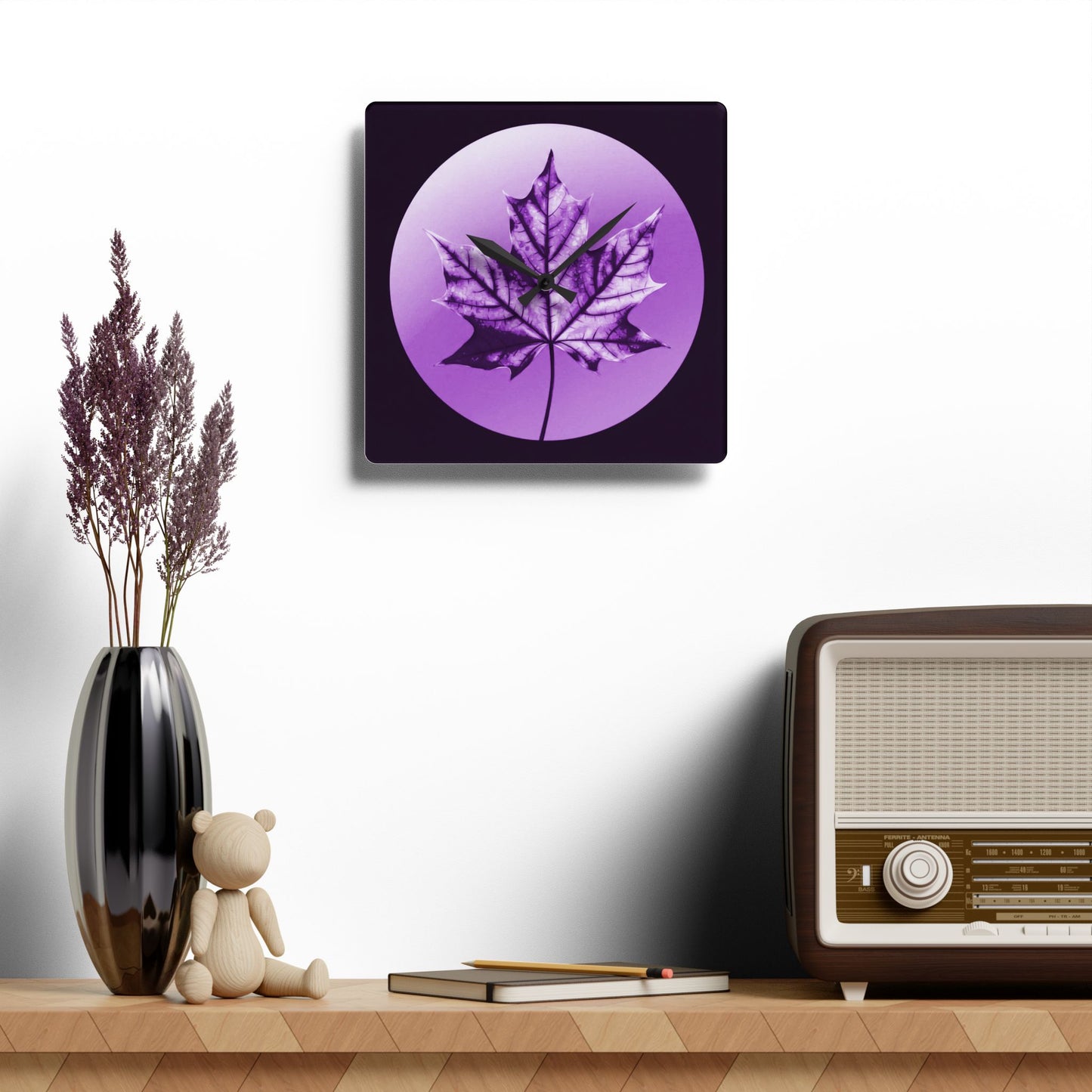 Purple Maple Leaf Acrylic Wall Clock, Round or Square, 10.75" x 10.75"