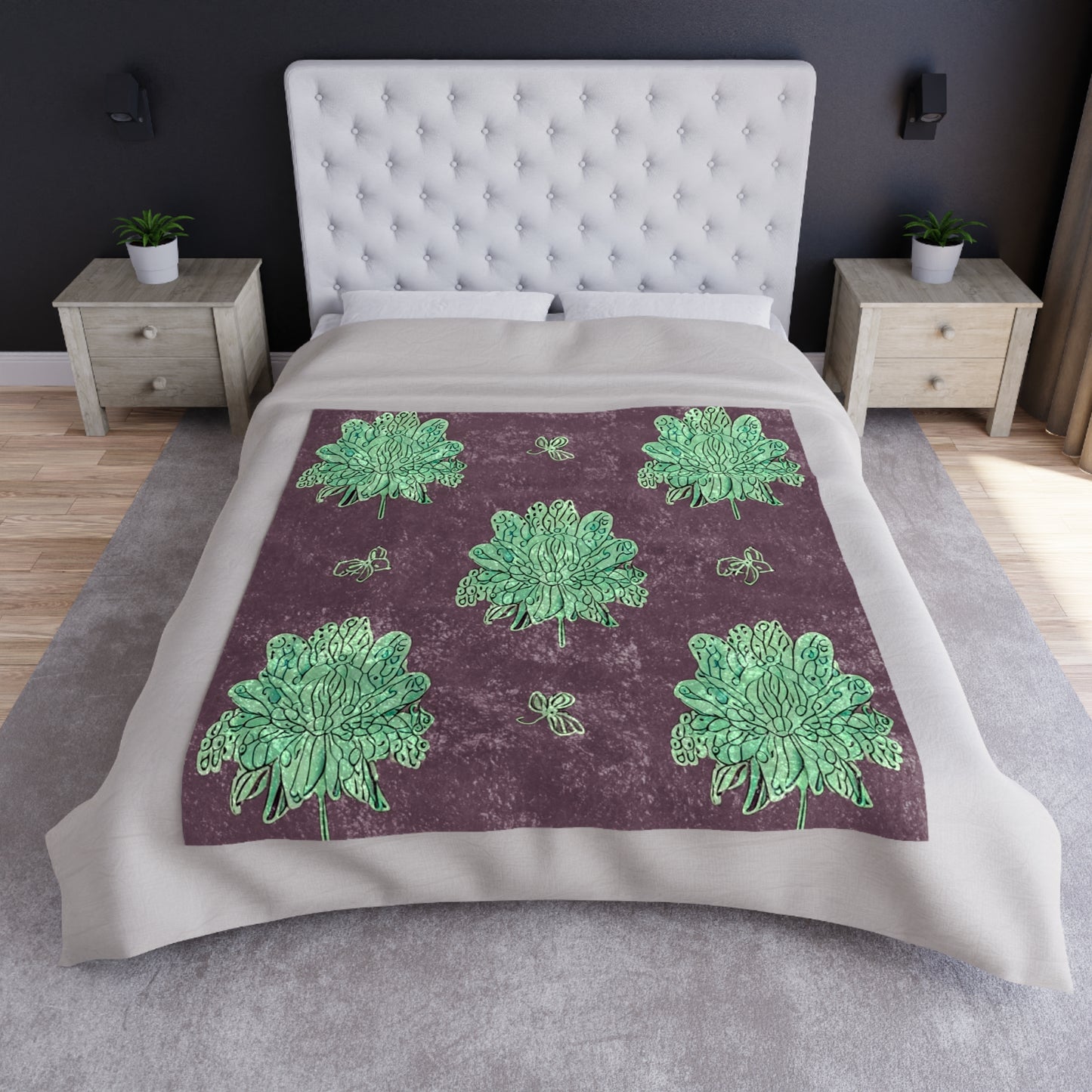 Mint Green Floral Butterflies 50" x 60" Crushed Velvet Blanket