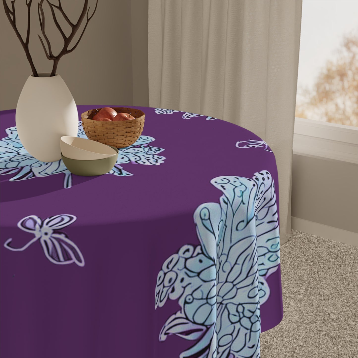 Blue Floral Butterflies Tablecloth, 55" x 55"