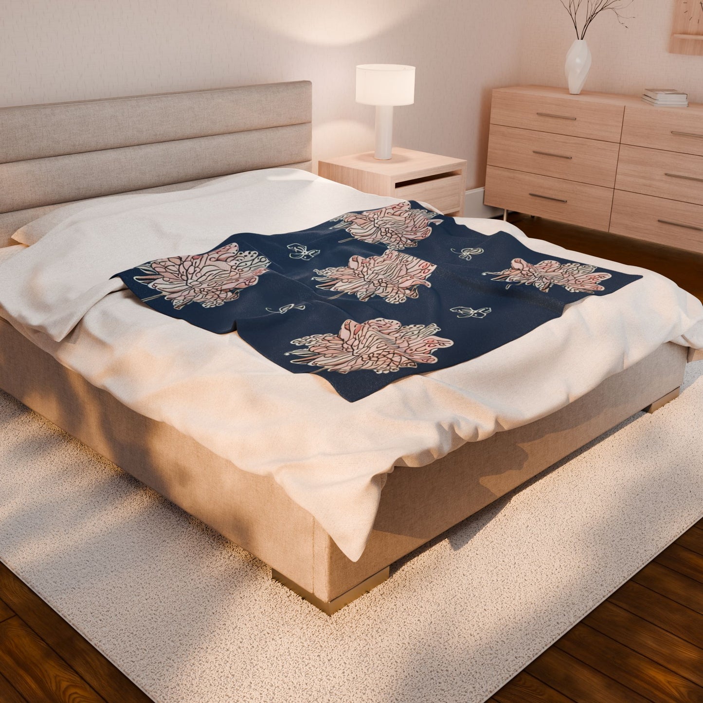 Rose White Floral Butterflies Velveteen Plush Blanket, 50" x 60"
