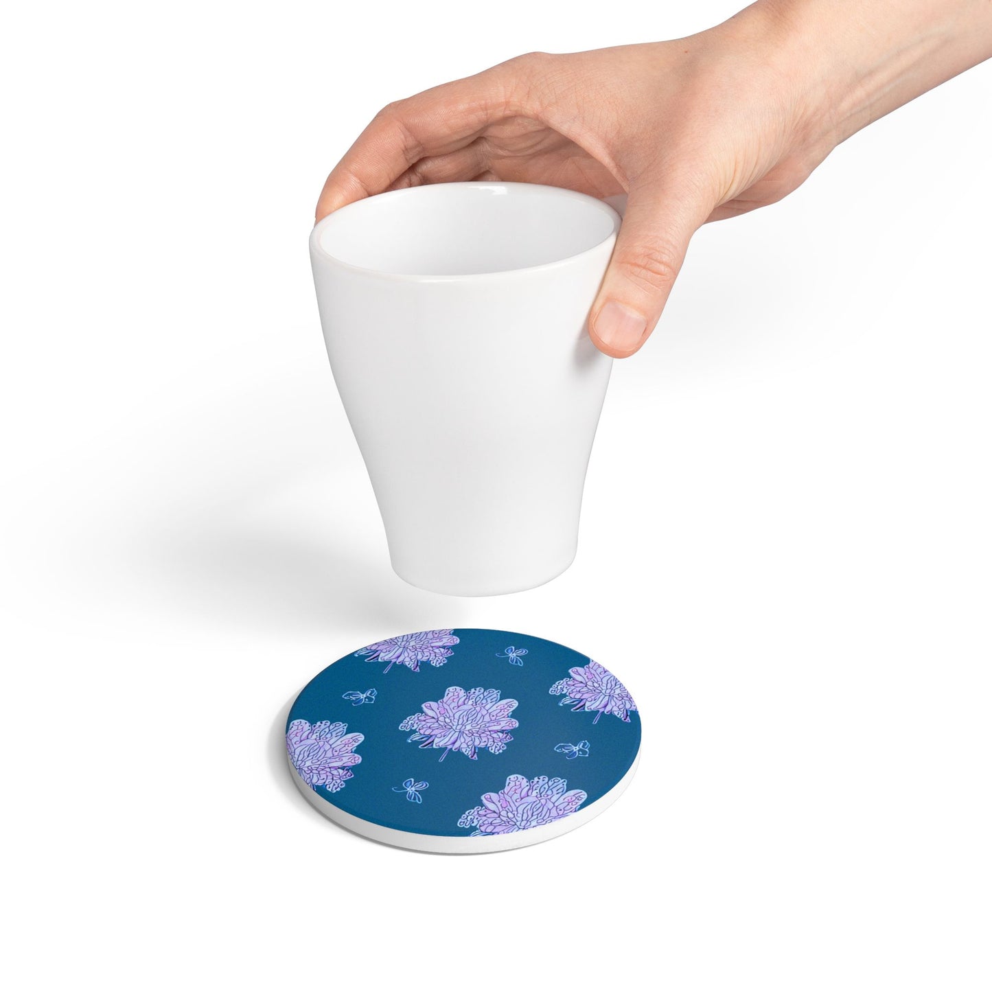 Lavender Floral Butterflies 4" x 4" Round Ceramic Coaster