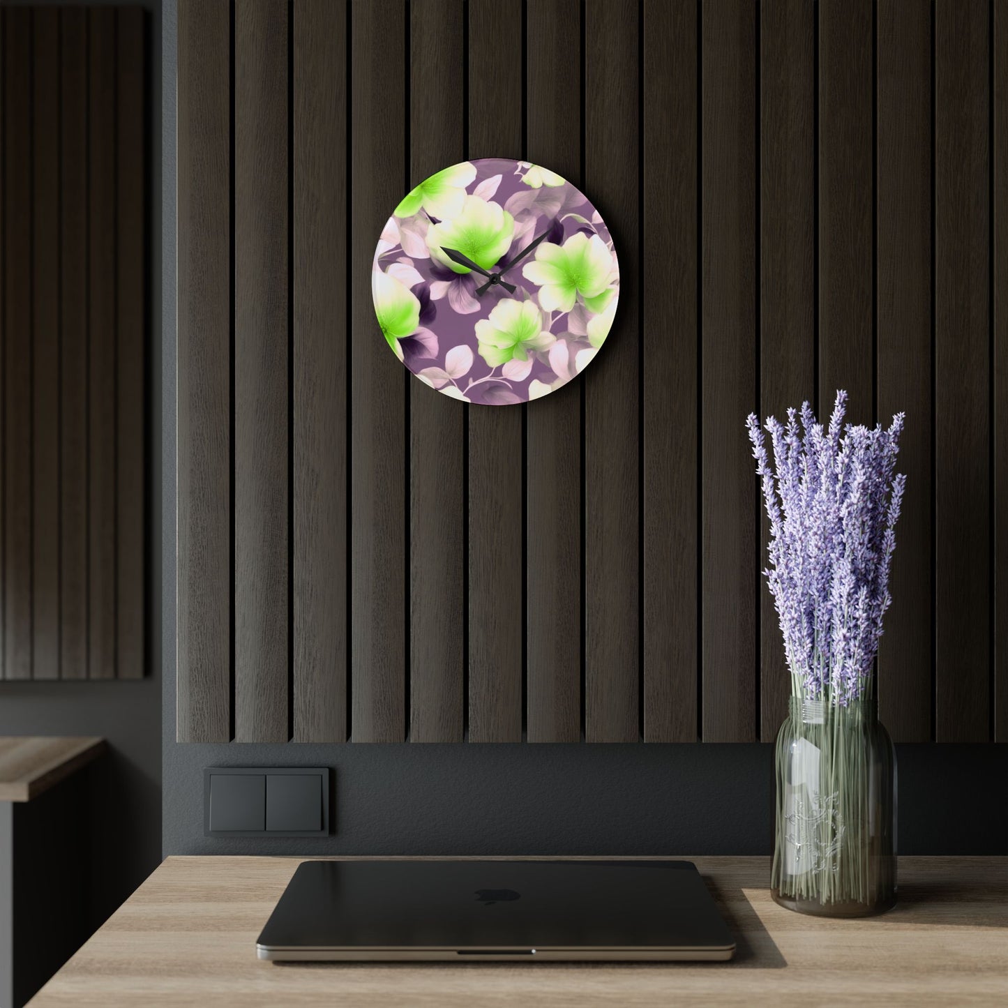 Lime Lavender Floral Bunch Acrylic Wall Clock, Round or Square, 10.75" x 10.75"