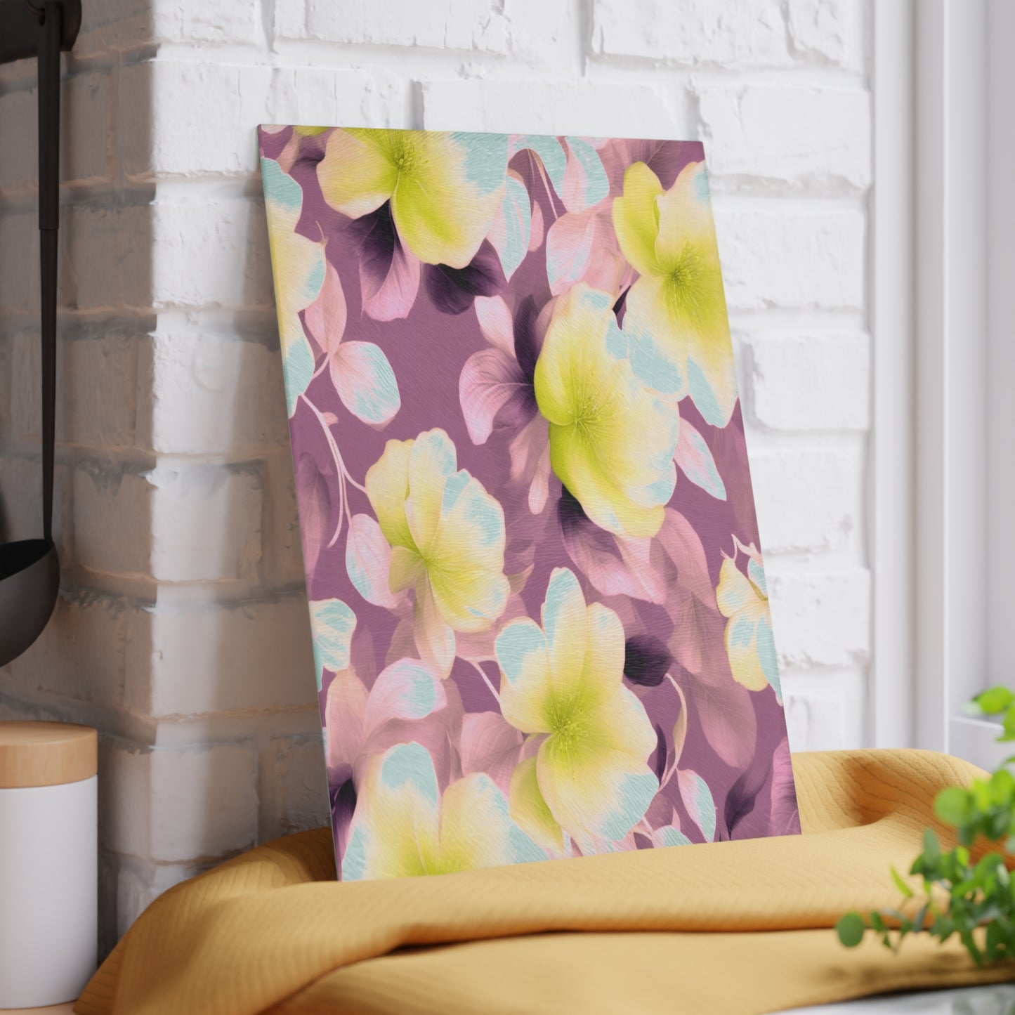 Lemon Blossom Floral Bunch Glass Cutting Board, 8" x 11"