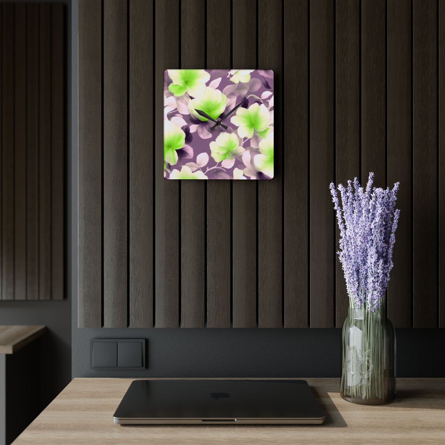 Lime Lavender Floral Bunch Acrylic Wall Clock, Round or Square, 10.75" x 10.75"