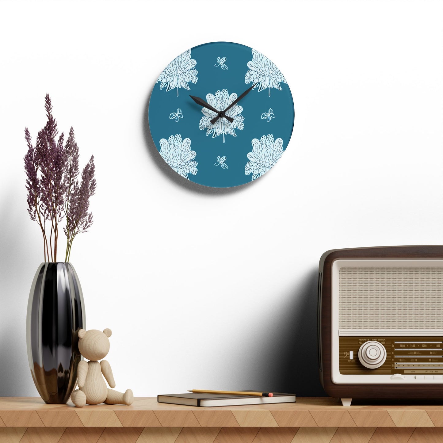 Tif Green White Floral Butterflies Acrylic Wall Clock, Round or Square, 10.75" x 10.75"