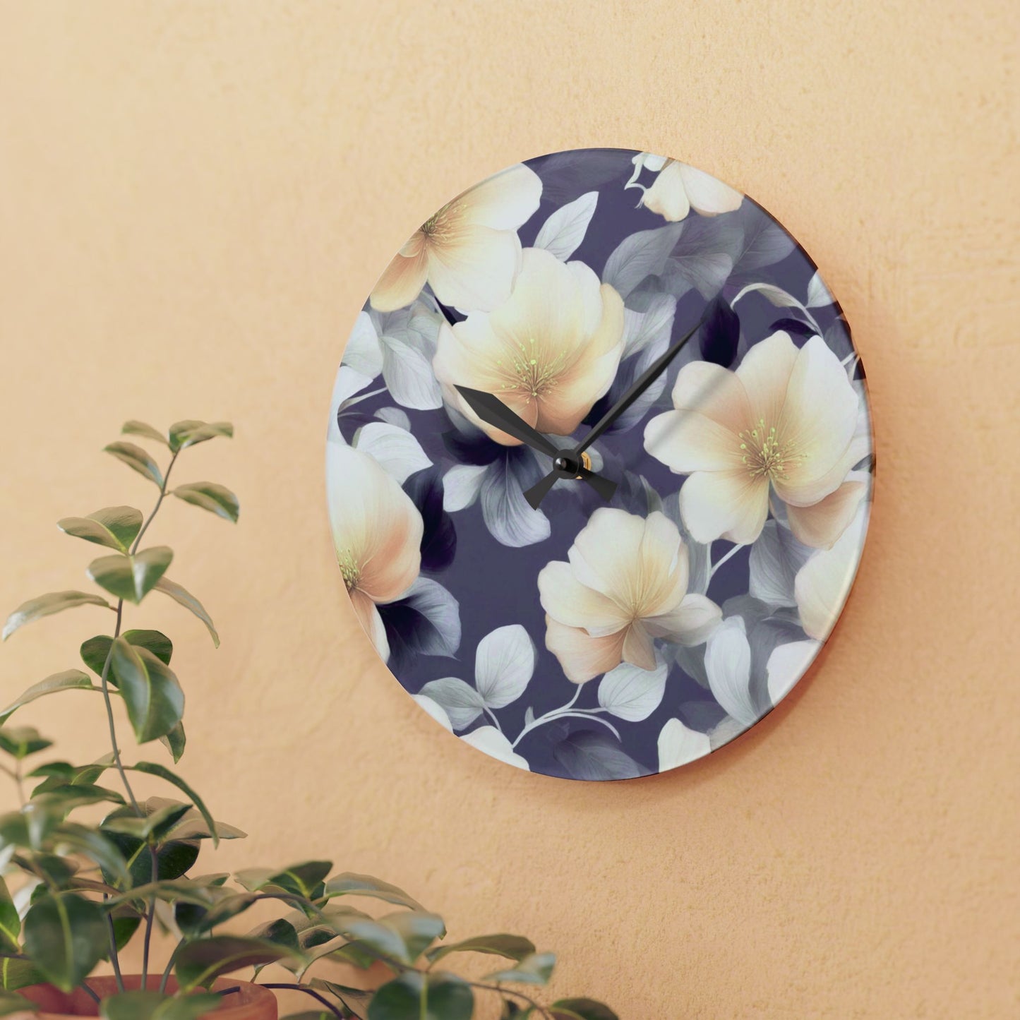 White Blush Floral Bunch Acrylic Wall Clock, Round or Square, 10.75" x 10.75"