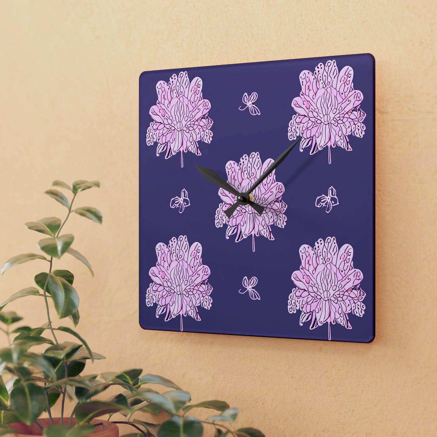 Magenta Floral Butterflies Acrylic Wall Clock, Round or Square, 10.75" x 10.75"