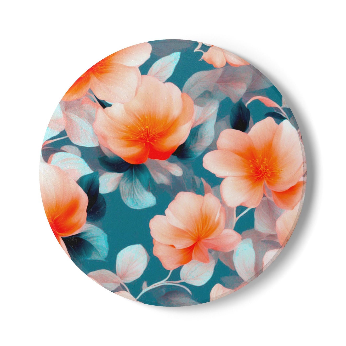Orange Blossom Floral Bunch Round Ceramic Coaster, 4" x 4"