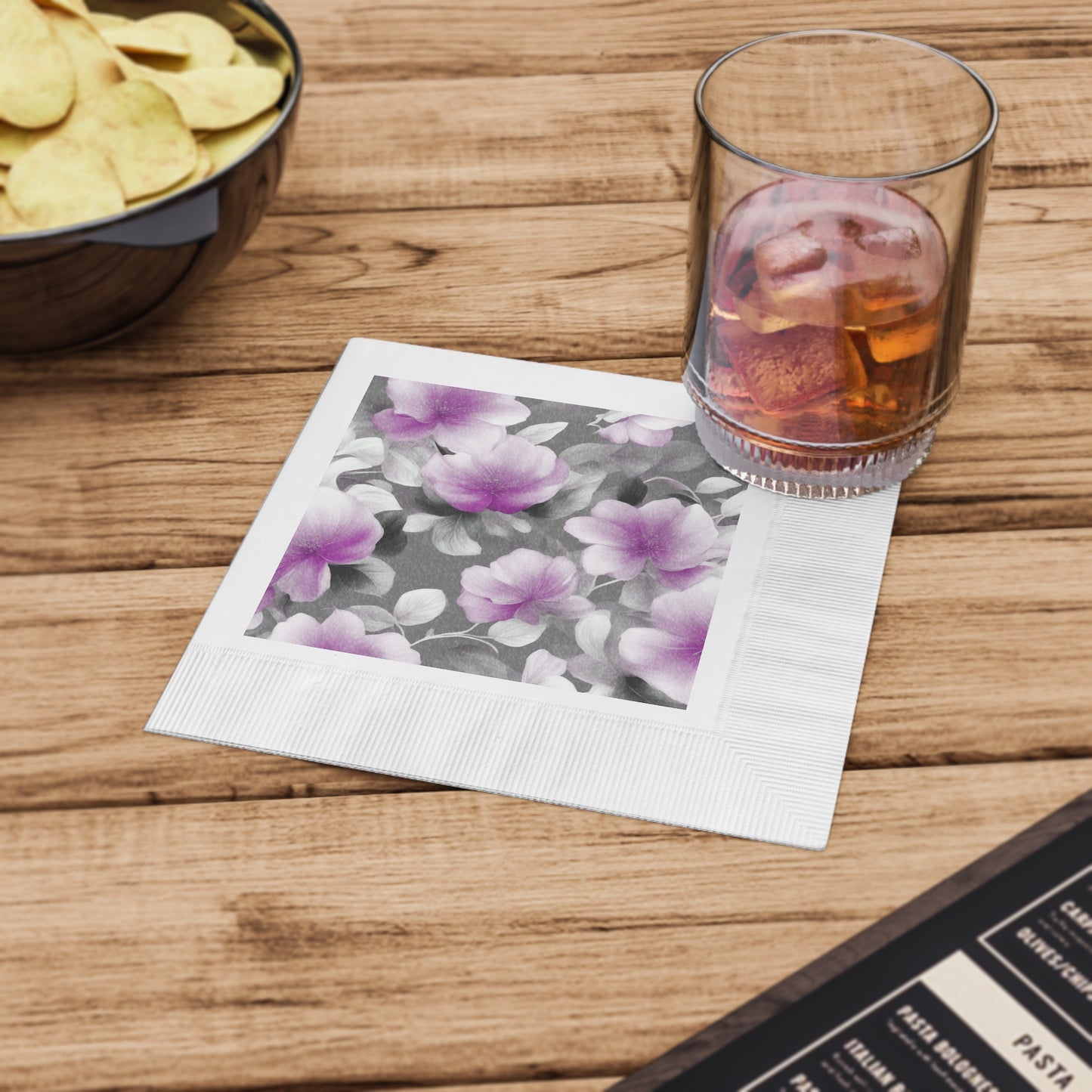 Purple Blossom Floral Bunch White Coined Napkins, 6.5" x 6.5"