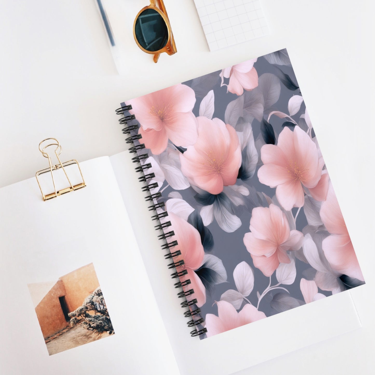 Peach and Blue Gray Floral Bunch Spiral Notebook - Ruled Line, 6" x 8", 118 pages