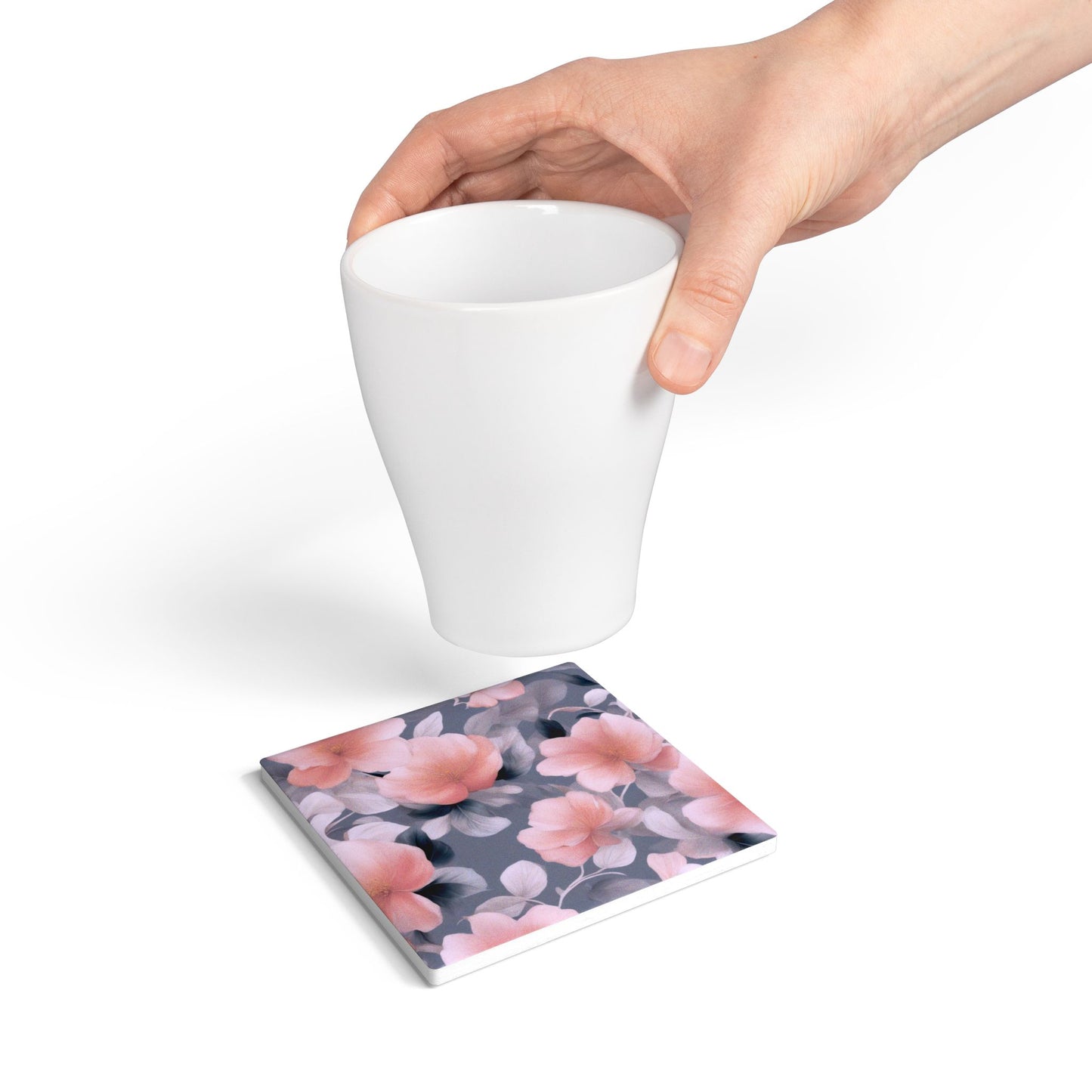 Peach and Blue Gray Floral Bunch Square Ceramic Coaster, 4" x 4"