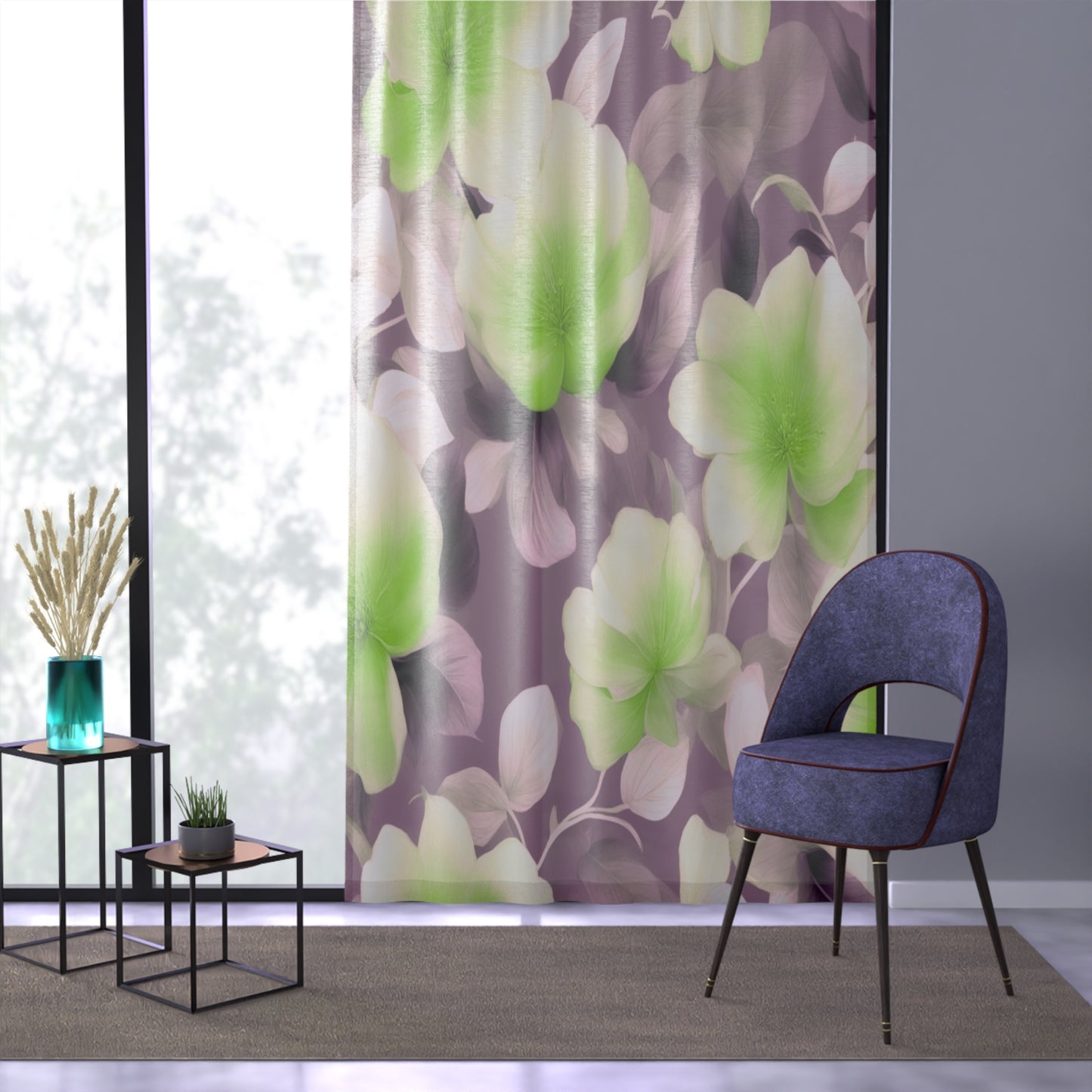 Lime Lavender Floral Bunch Sheer Window Curtain, 50" x 84", partially transparent