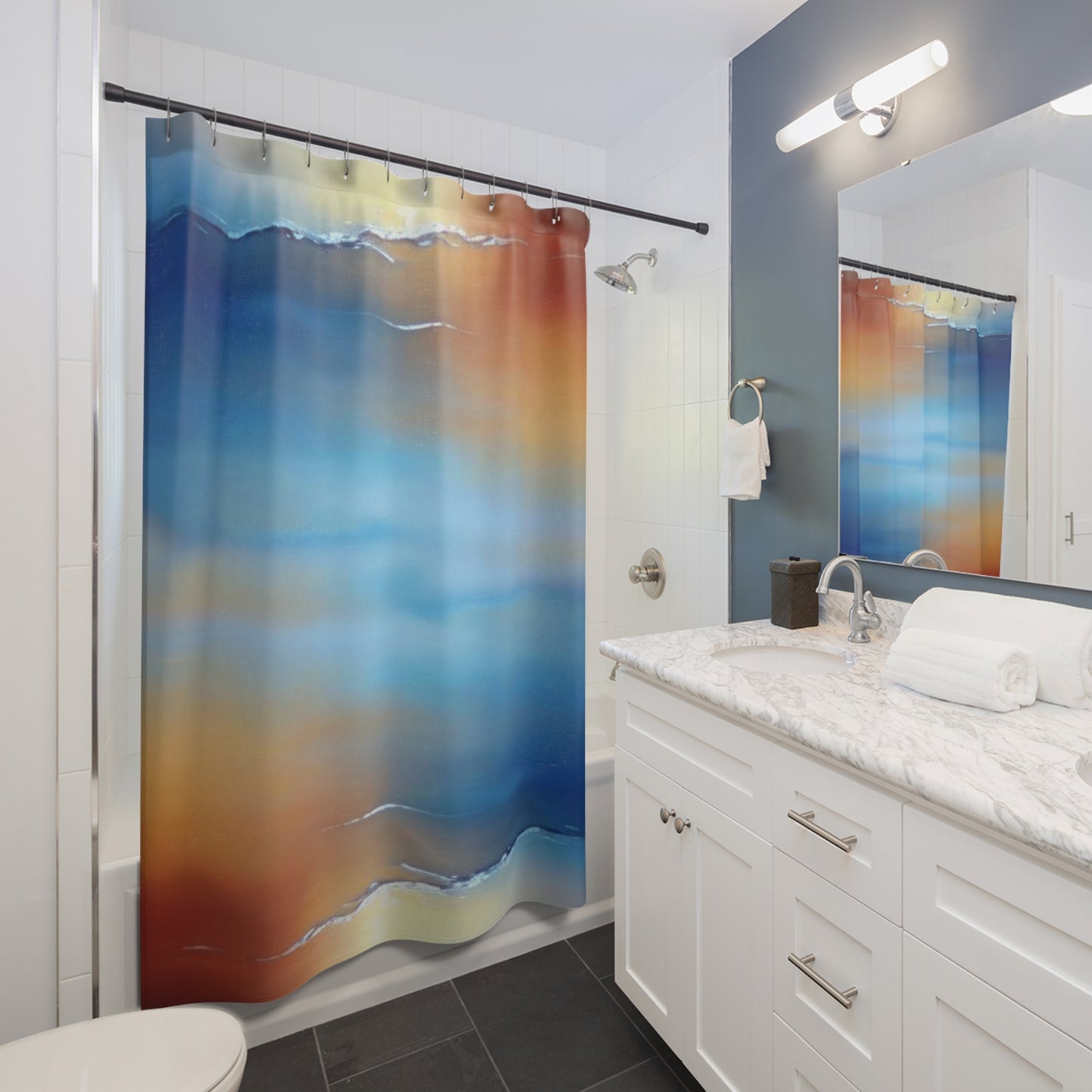 Blue Sea Red Orange Fog Shower Curtains, 71" x 74"