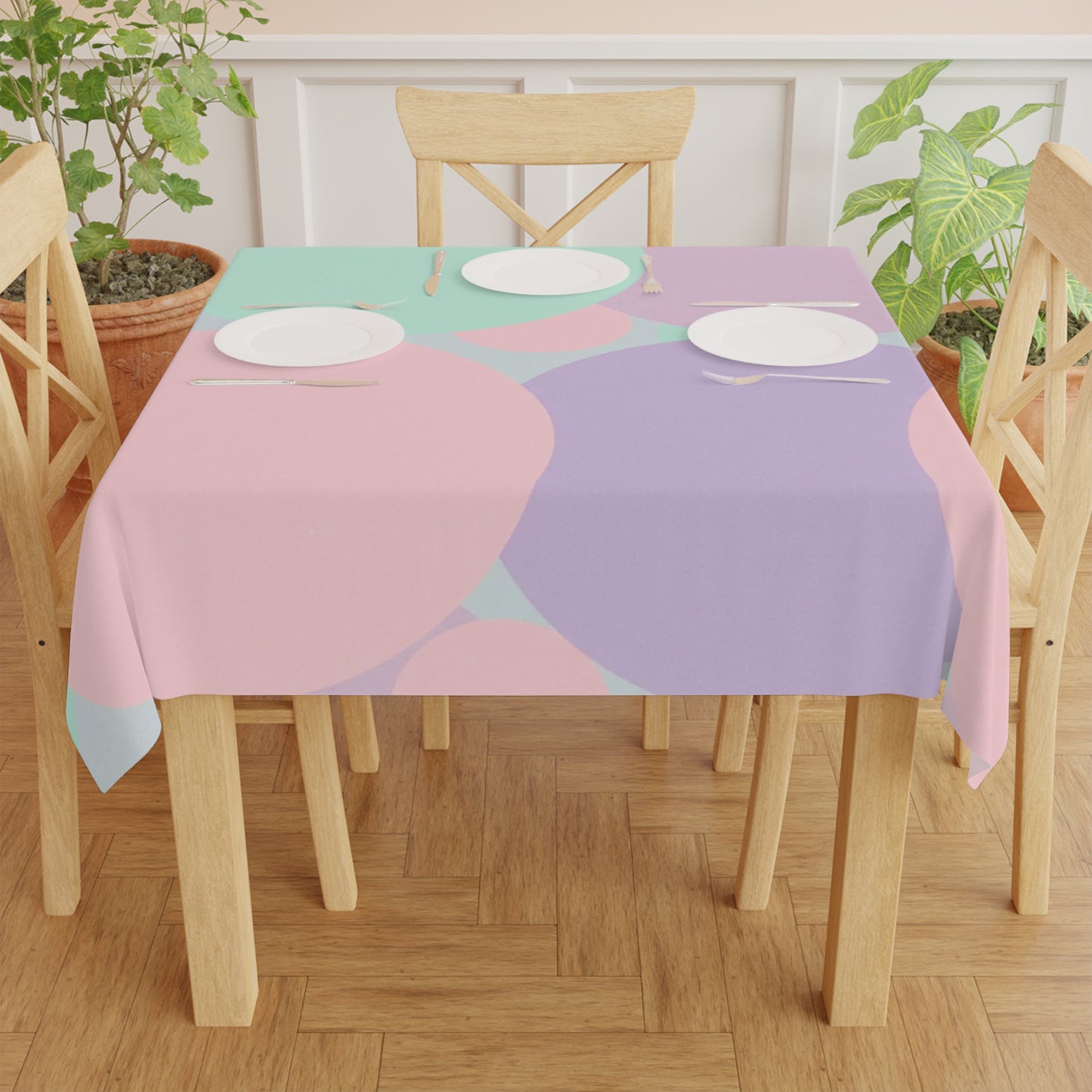 Pastel Peach and Soft Green Patches Tablecloth, 55" x 55"