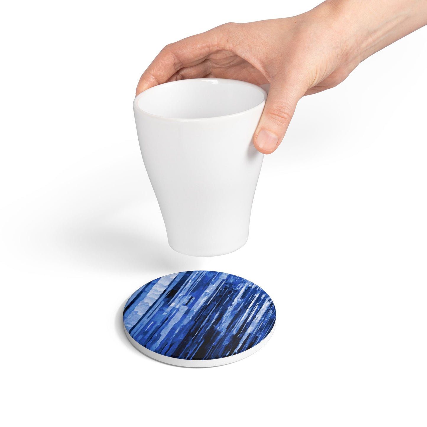 Striped Deep Blue 4" x 4" Round Ceramic Coaster