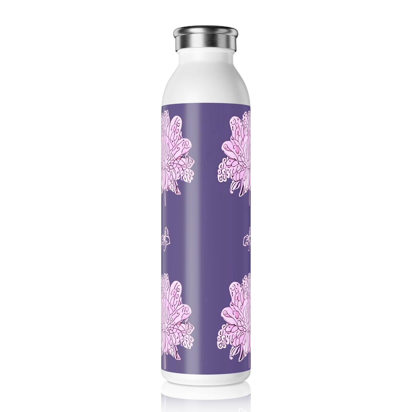 Magenta Floral Butterflies Slim Water Bottle, 20 oz White