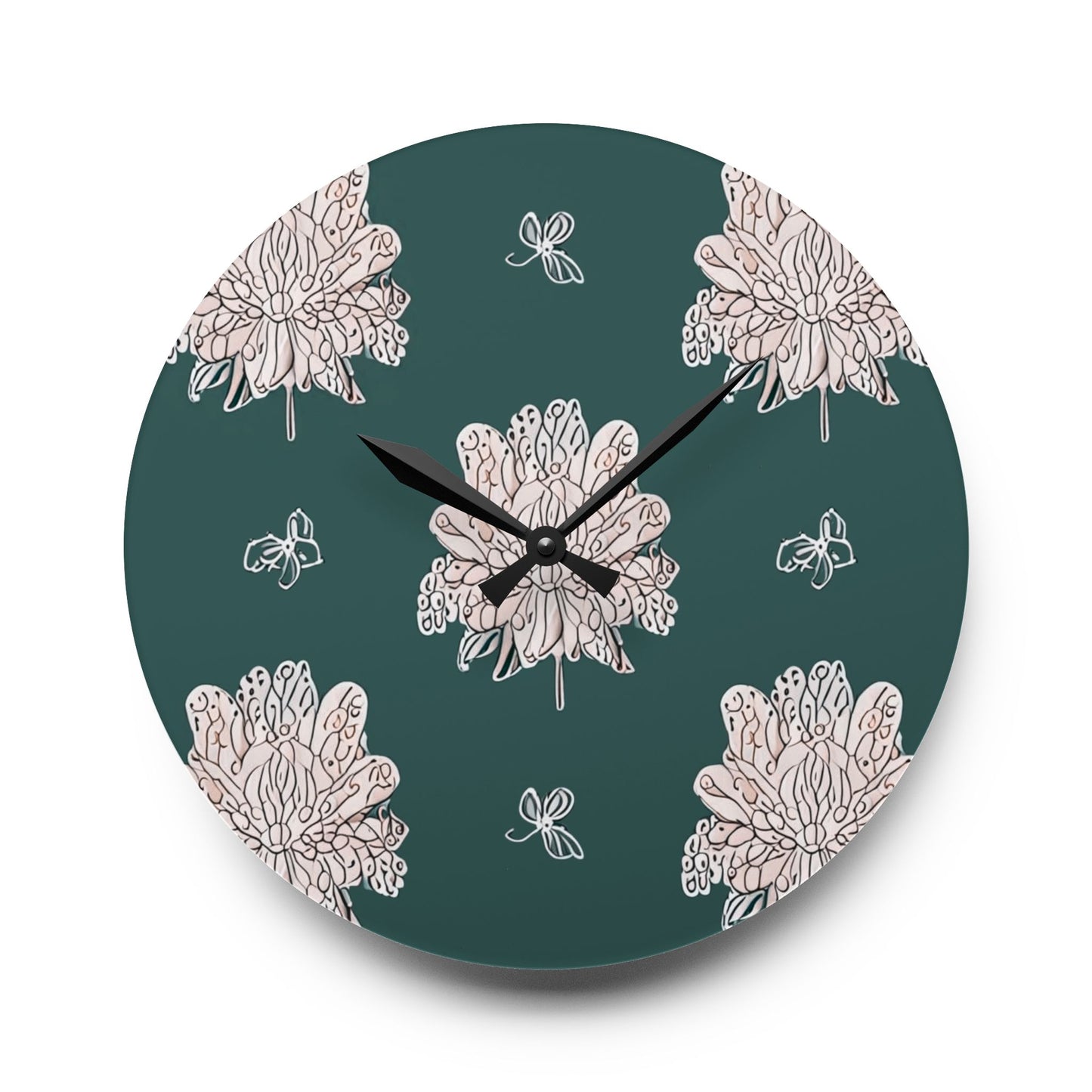 Soft White Floral Butterflies Acrylic Wall Clock, Round or Square, 10.75" x 10.75"