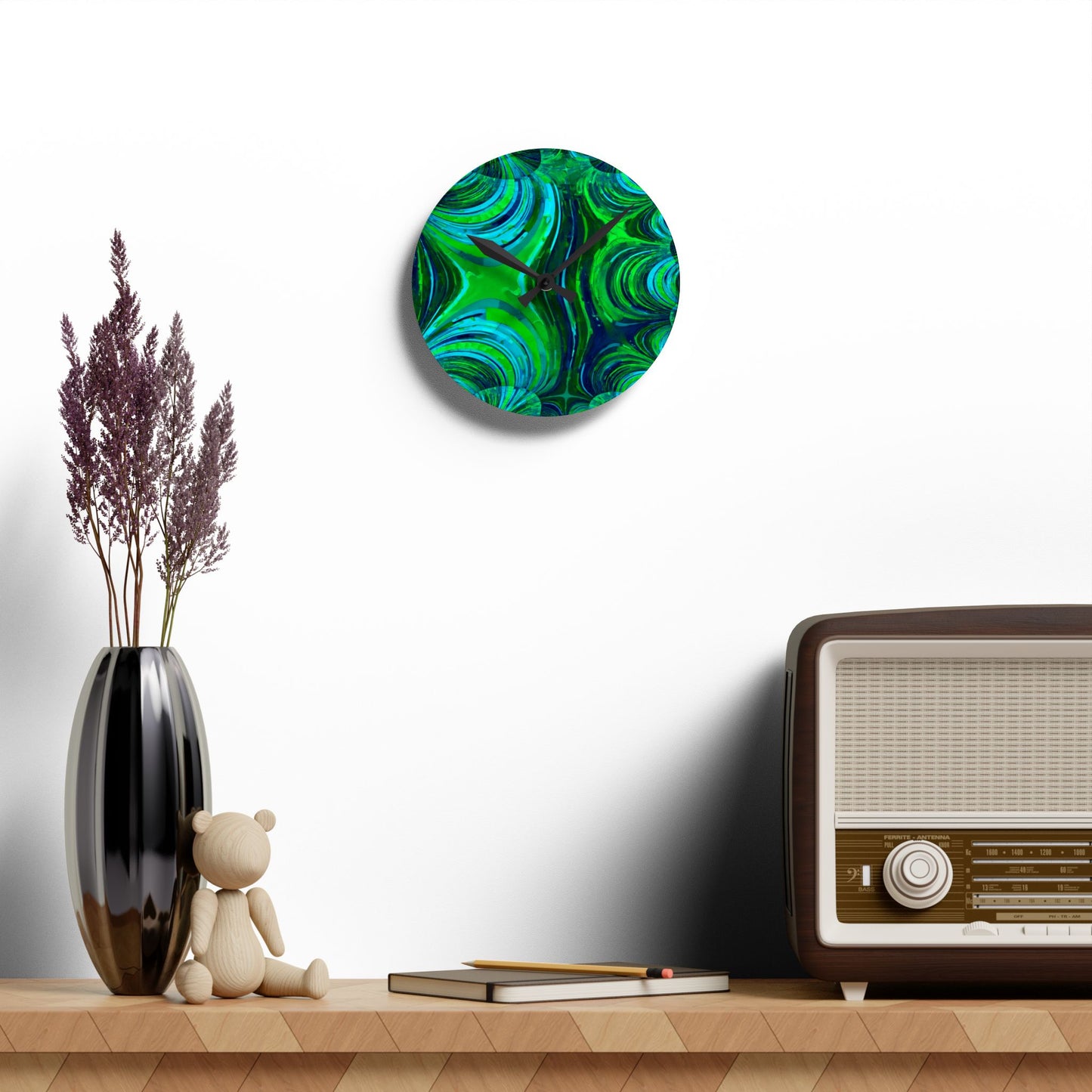 Uzi Spiral Blue Green Acrylic Round Wall Clock, 8" x 8"