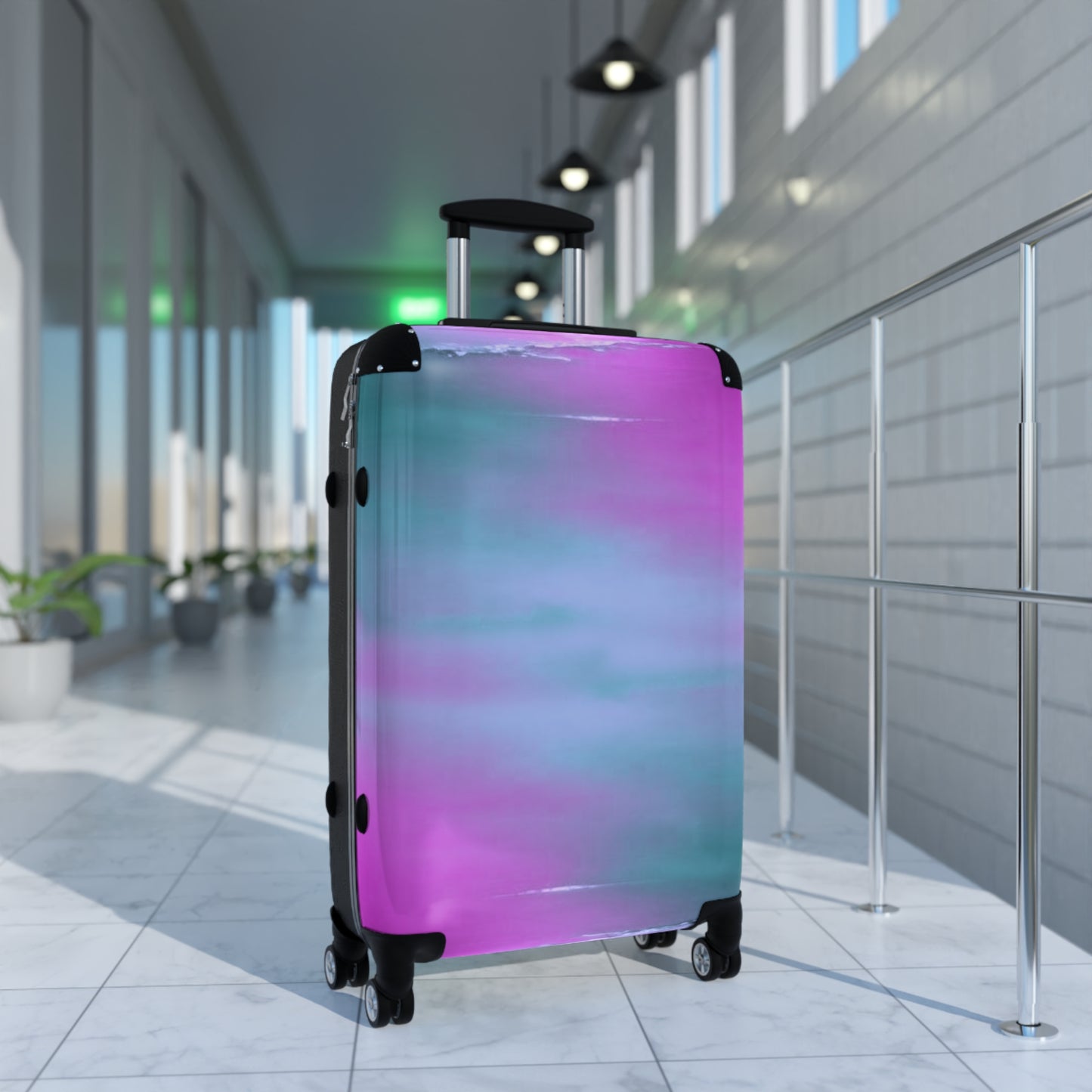 Dark Blue Green Sea Purple Fog Medium Suitcase with built in lock, 4 double-wheels, telescopic handle, and ABS back hard-shell