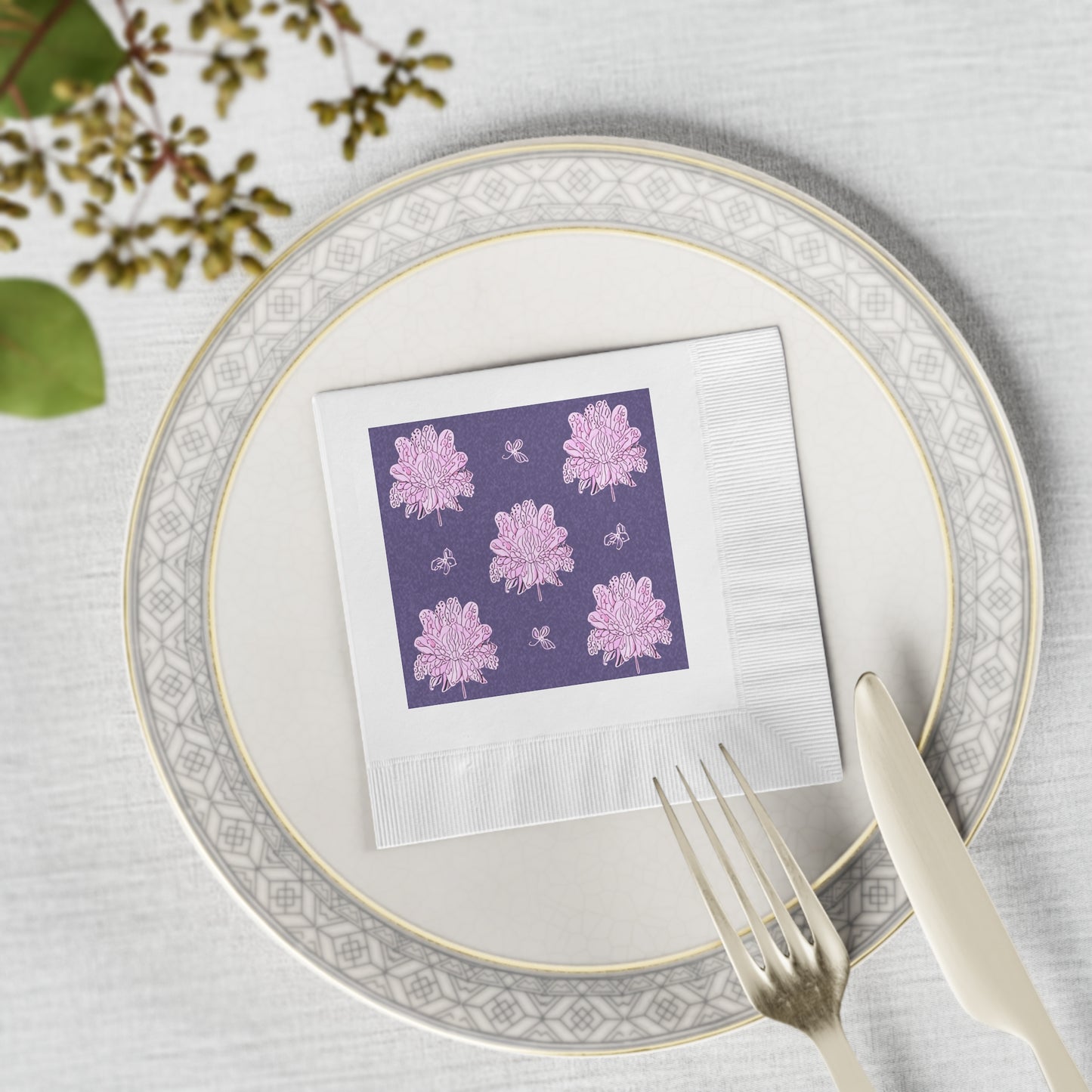 Magenta Floral Butterflies White Coined Napkins, 4.8" x 4.8"