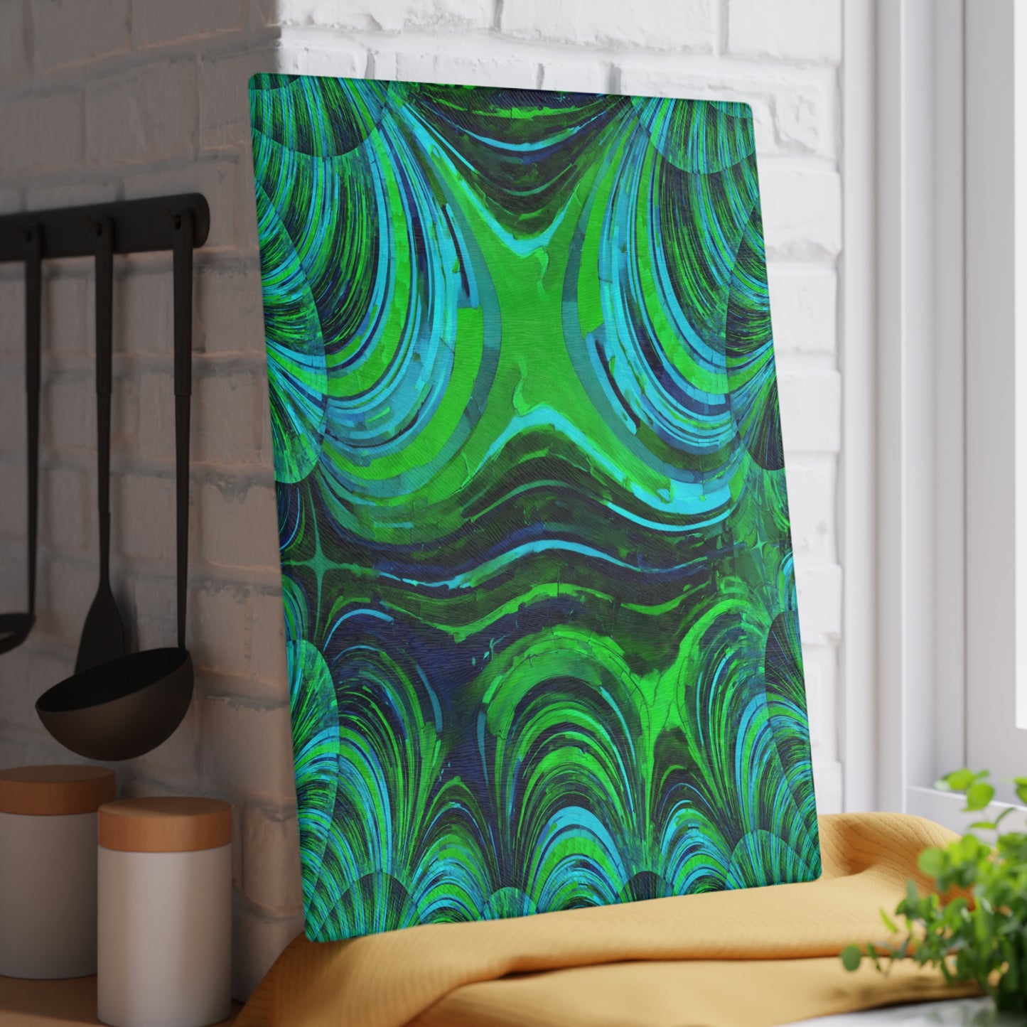 Uzi Spiral Blue Green 11" x 15" Glass Cutting Board