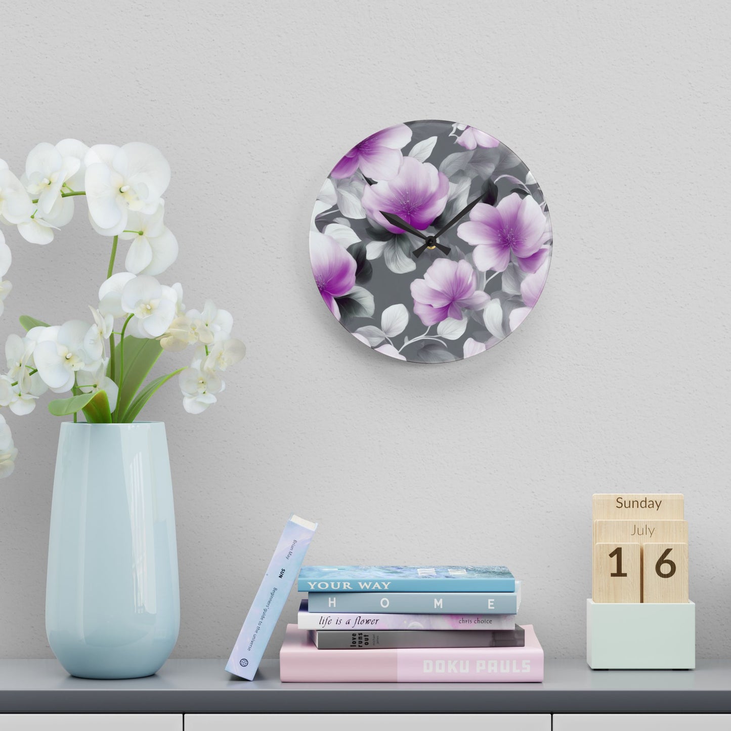 Purple Blossom Floral Bunch Acrylic Wall Clock, Round or Square, 10.75" x 10.75"
