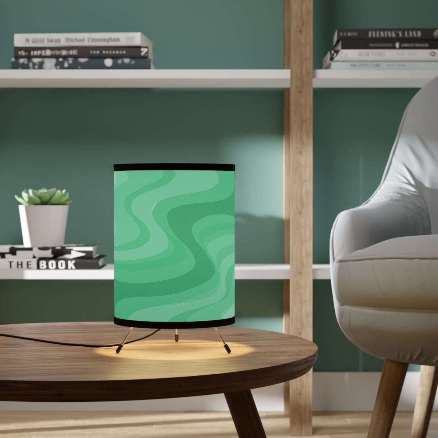 Mint Green Wavey Tripod Lamp with High-Res Printed Shade, US\CA plug